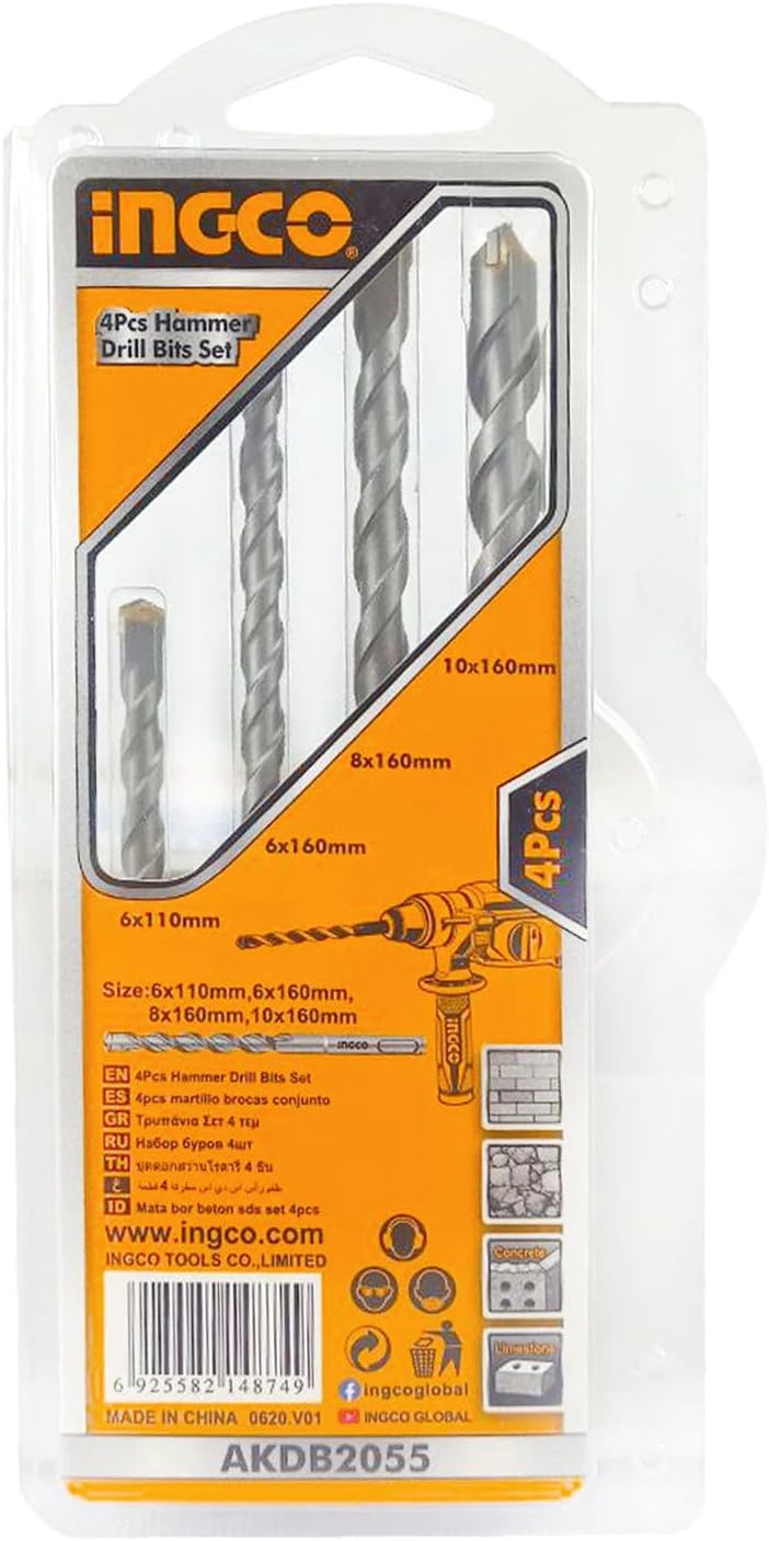 INGCO 4-Piece Masonry Hammer Drill Bit Set for Concrete & Brick – AKDB2055