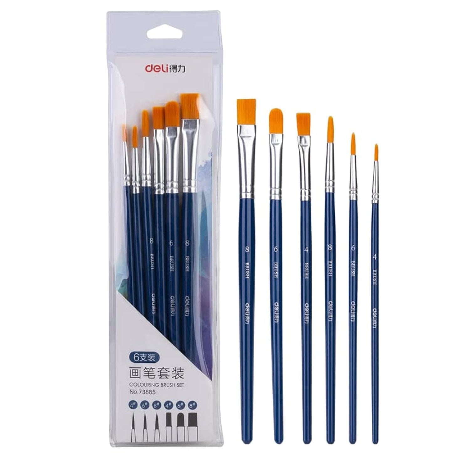 Deli Paint Brush Set, 6 Pieces, Round & Flat Brushes for Acrylic and Watercolor