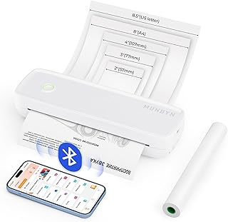MUNBYN Portable Printer Bluetooth Thermal Printer A4 203DPI Inkless Print Machine Compatible with Android & iOS for Mobile Phone & Laptop, ITP04 White