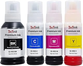 TacTink Gi-490 Ink Bottle 490 Ink Tank Cartridge for Canon Ink GI 490 EcoTank for Canon Pixma G1400 G1410 G1411 G2400 G2410 G2411 G3400 G3410 G3411 G4400 G4410 G4411 (4 Pack Black Cyan Magenta Yellow)
