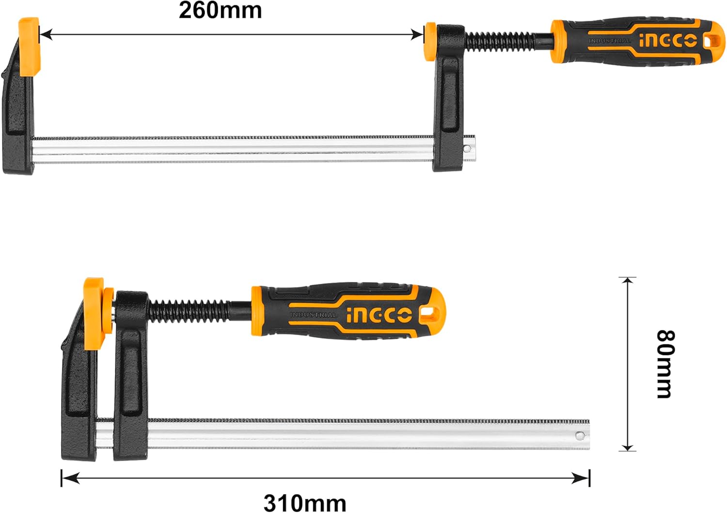 &nbsp;INGCO 4-Piece F-Clamp Set – 50mm Jaw, 250mm Capacity, with Rubberized Handle – HFCS0425