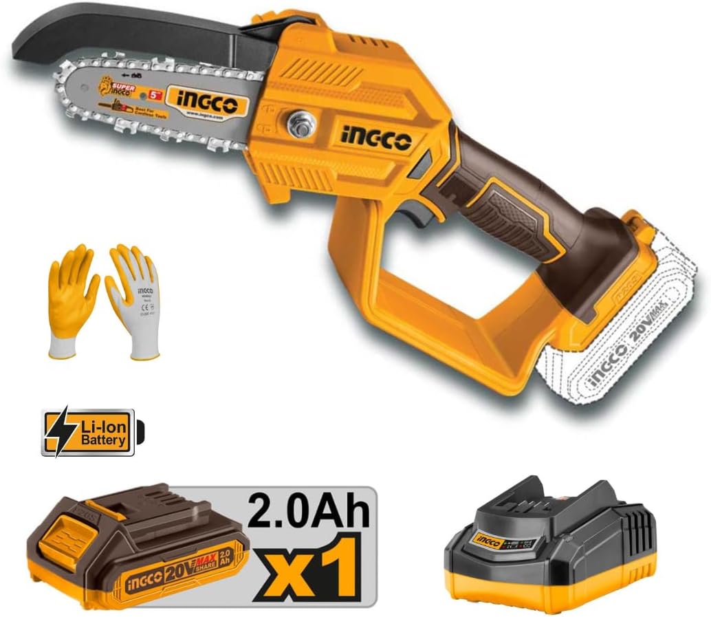 INGCO 20V Cordless Pruner Saw & Chainsaw – 8-inch Bar, Brushless Motor – CGSLI20581