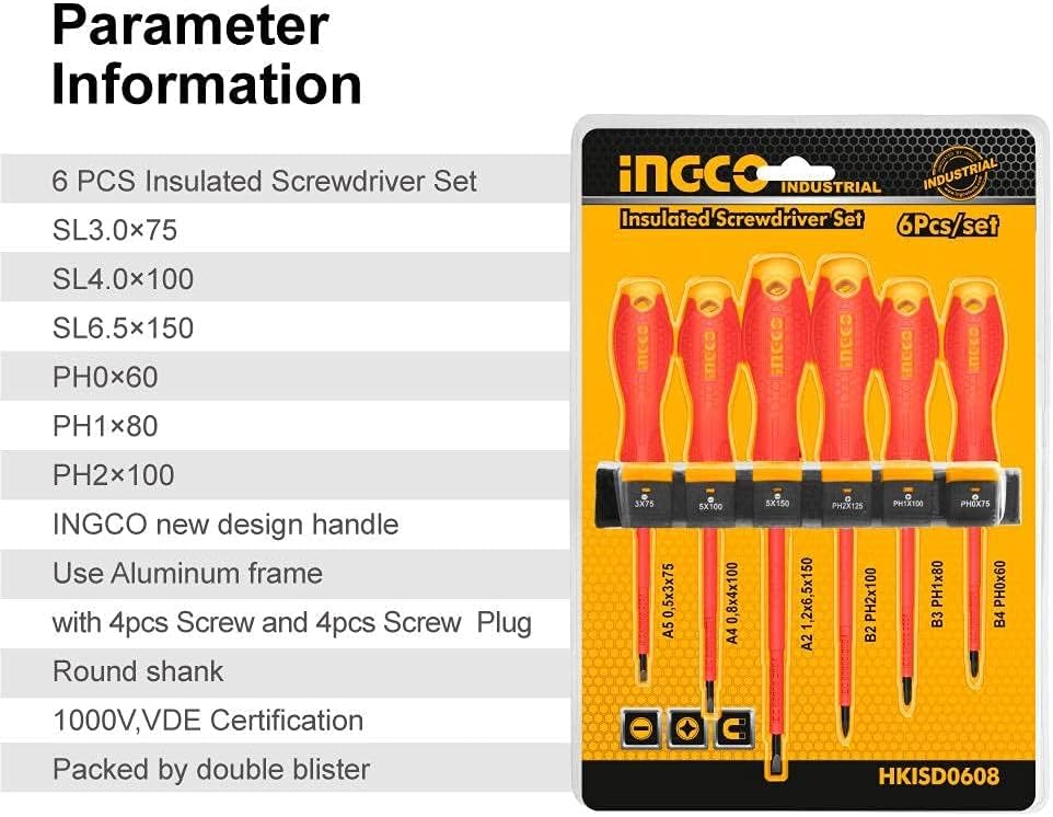 INGCO 6-Piece VDE 1000V Insulated Screwdriver Set – Professional Electrician Tools – HKISD0608