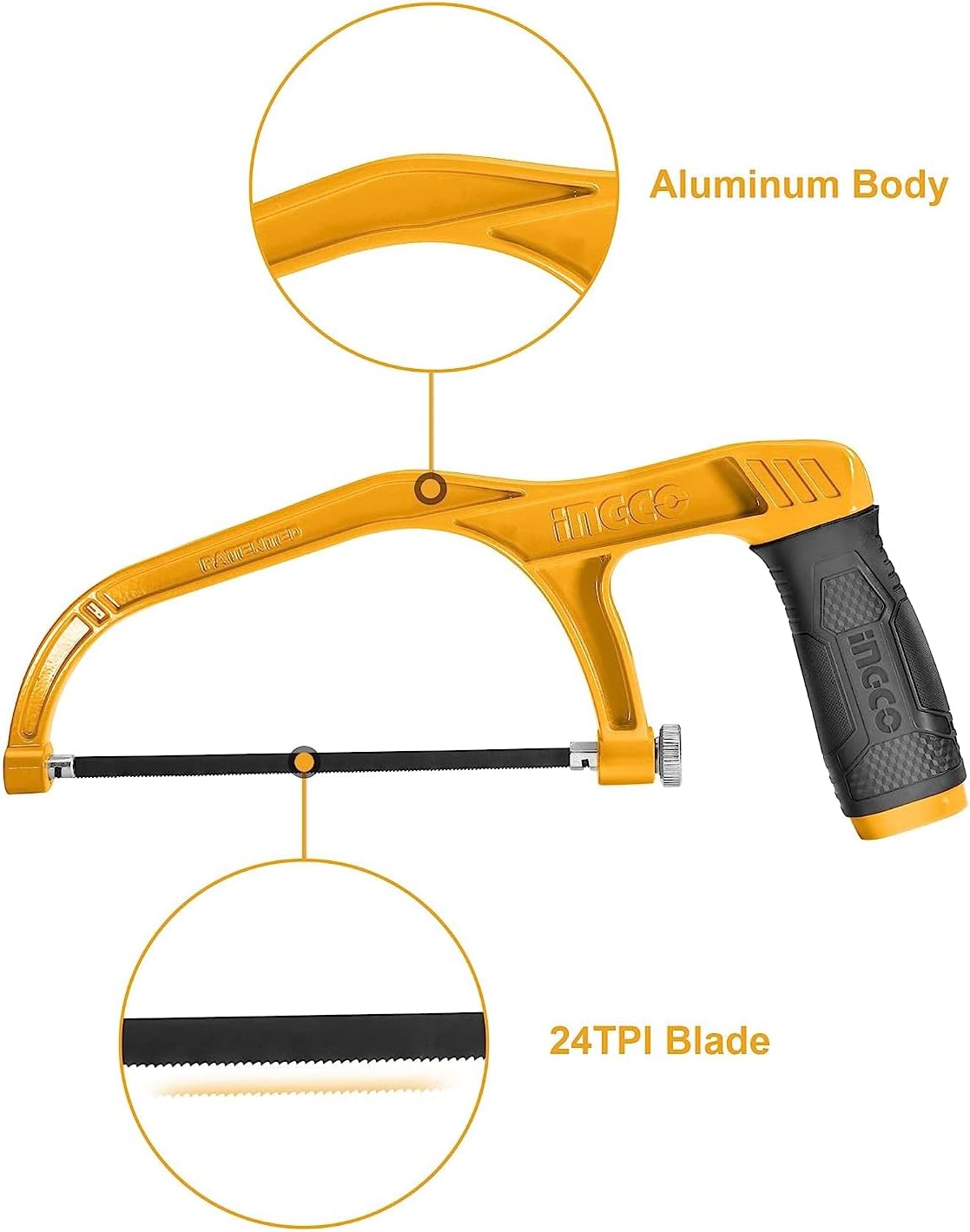 INGCO 12-Inch Hacksaw Frame with Blade – Adjustable Pistol Grip – HHFS3068