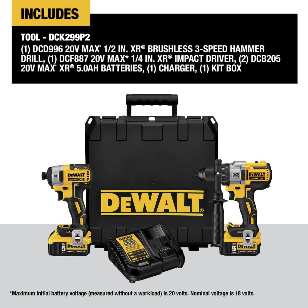 DEWALT DCK299P2 20V MAX Hammer Drill & Impact Driver Combo Kit – 2 Batteries & Charger
