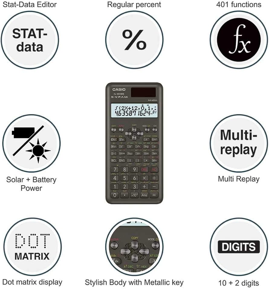 Casio FX-991MS 2nd Gen Non-Programmable Scientific Calculator, 401 Functions and 2-line Display, Black
