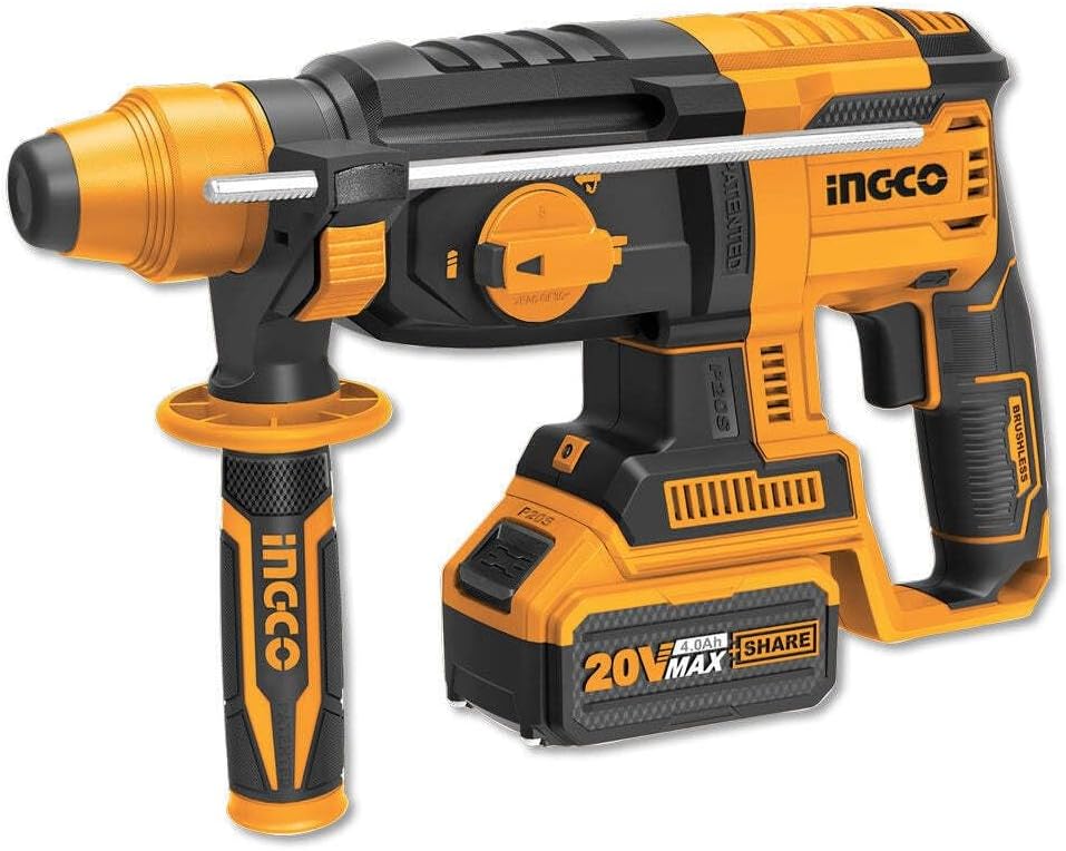 &nbsp;INGCO 20V Cordless Rotary Hammer Drill Kit – 4Ah Battery, 3-Function, with Bits – CRHLI202287