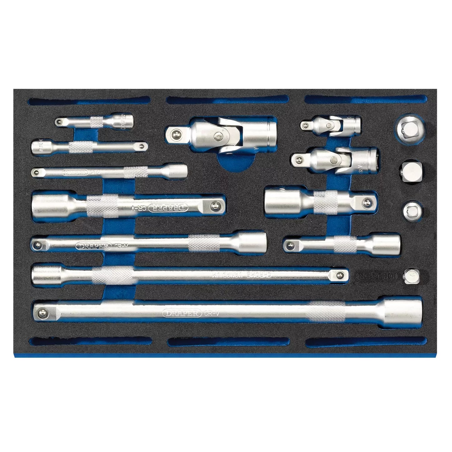 Draper Tools - 63530 - Extension Bar, Universal Joints and Socket Convertor Set 1/4 Drawer EVA Insert Tray (16 Piece)
