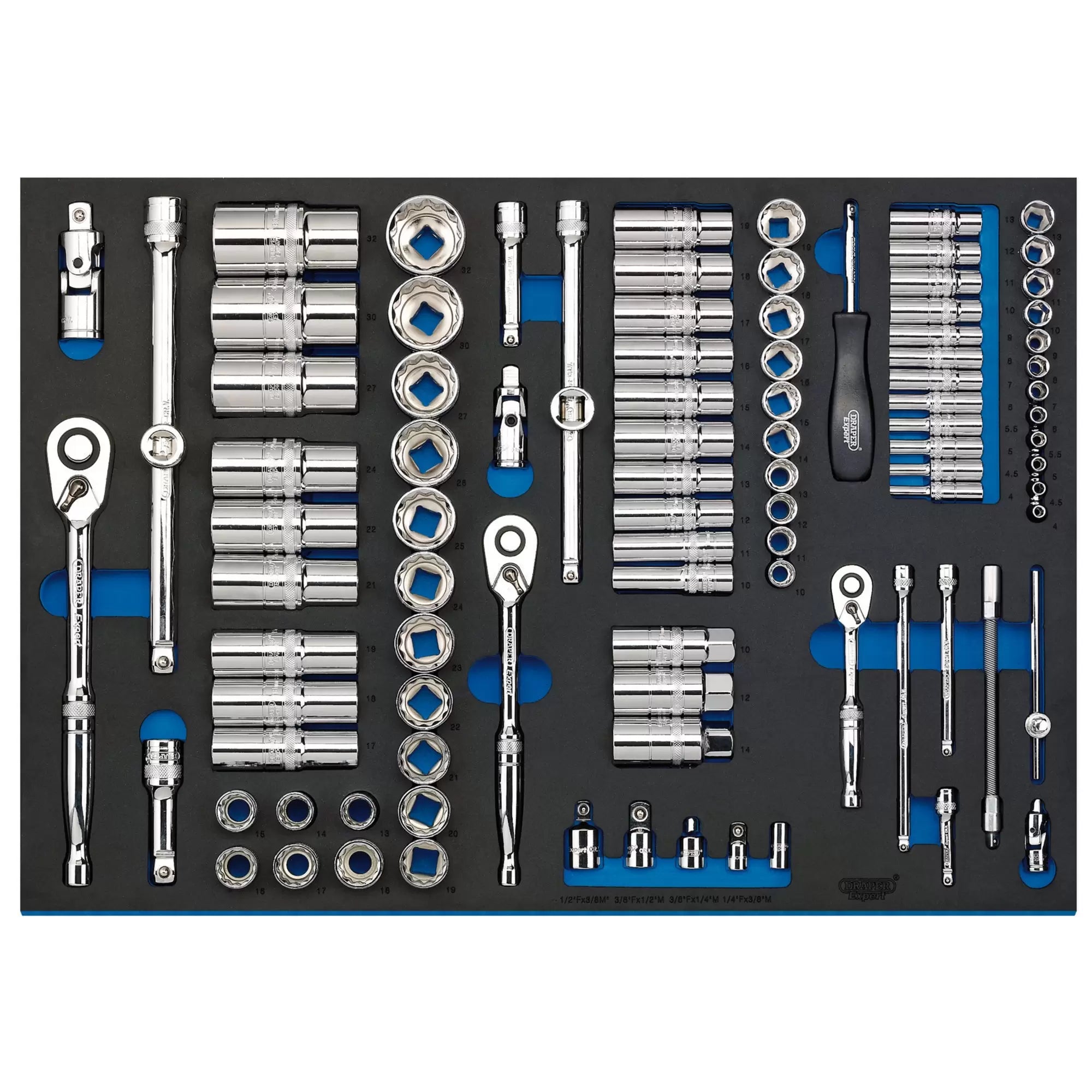 Draper Tools - 63539 - Draper Expert Socket Set in Full Plus Drawer EVA Insert Tray, 1/4", 3/8" & 1/2" (96 Piece)