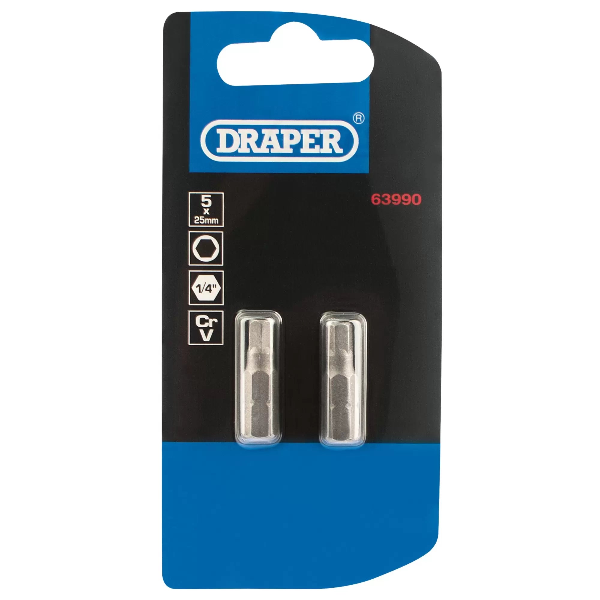 Draper Tools - 63990 - Hexagonal Insert Bit, 5mm, 1/4" Hex, 25mm Long (Pack of 2)