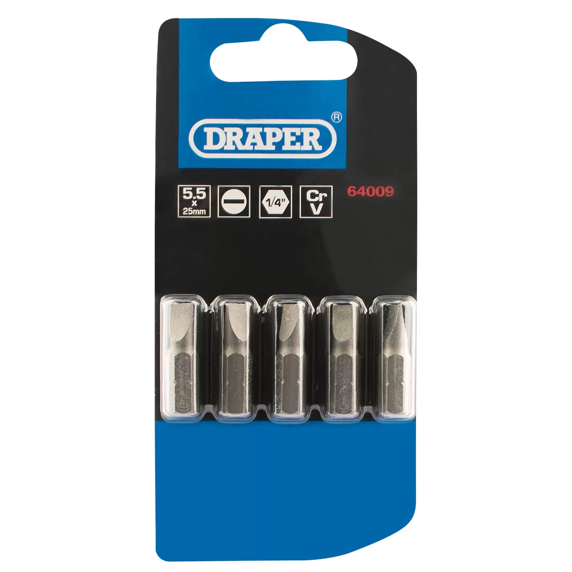 Draper Tools - 64009 - Plain Slot Insert Bit, 5.5mm, 1/4" Hex, 25mm Long (Pack of 5)