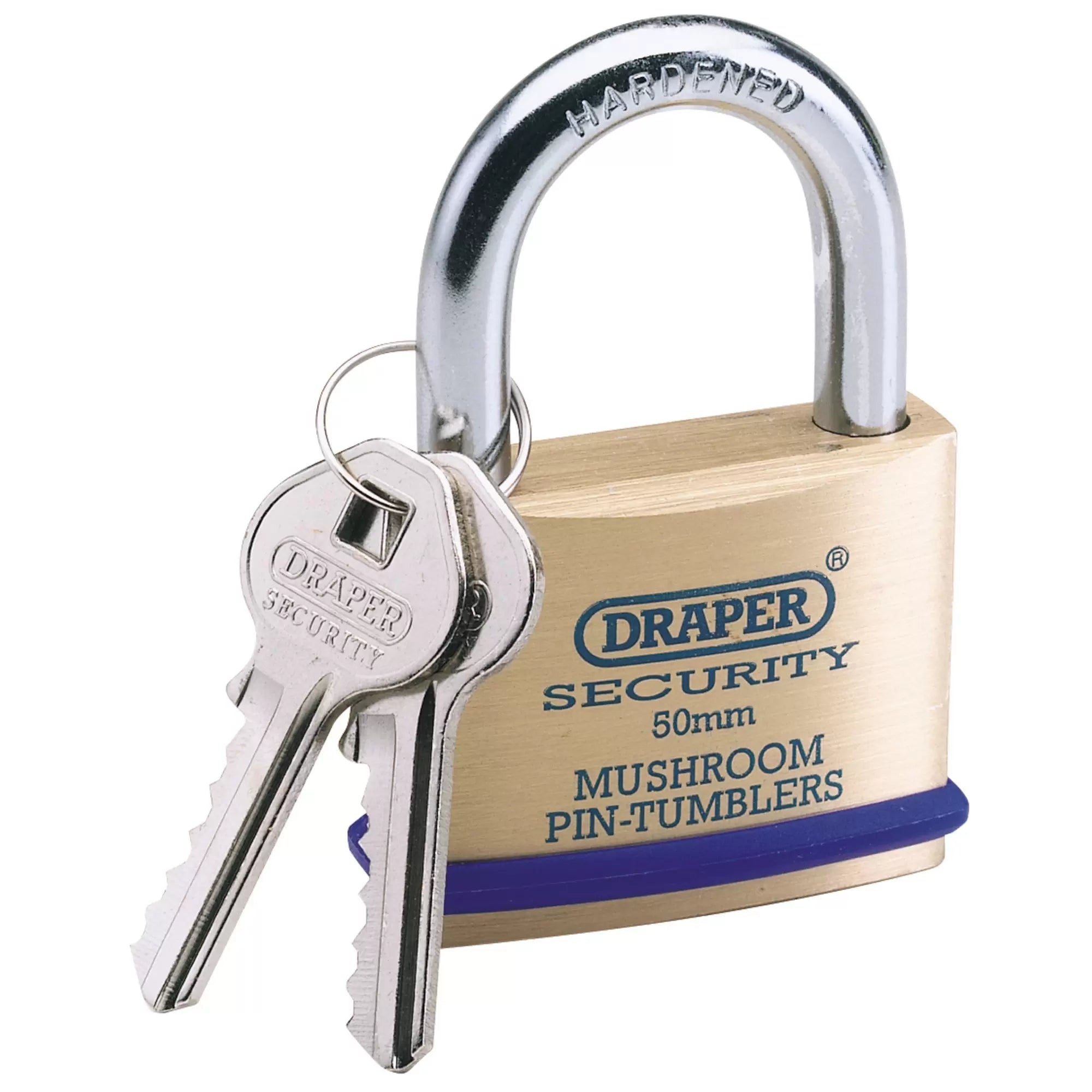 Draper Tools - 64162 - Solid Brass Padlock and 2 Keys with Mushroom Pin Tumblers Hardened Steel Shackle and Bumper, 50mm