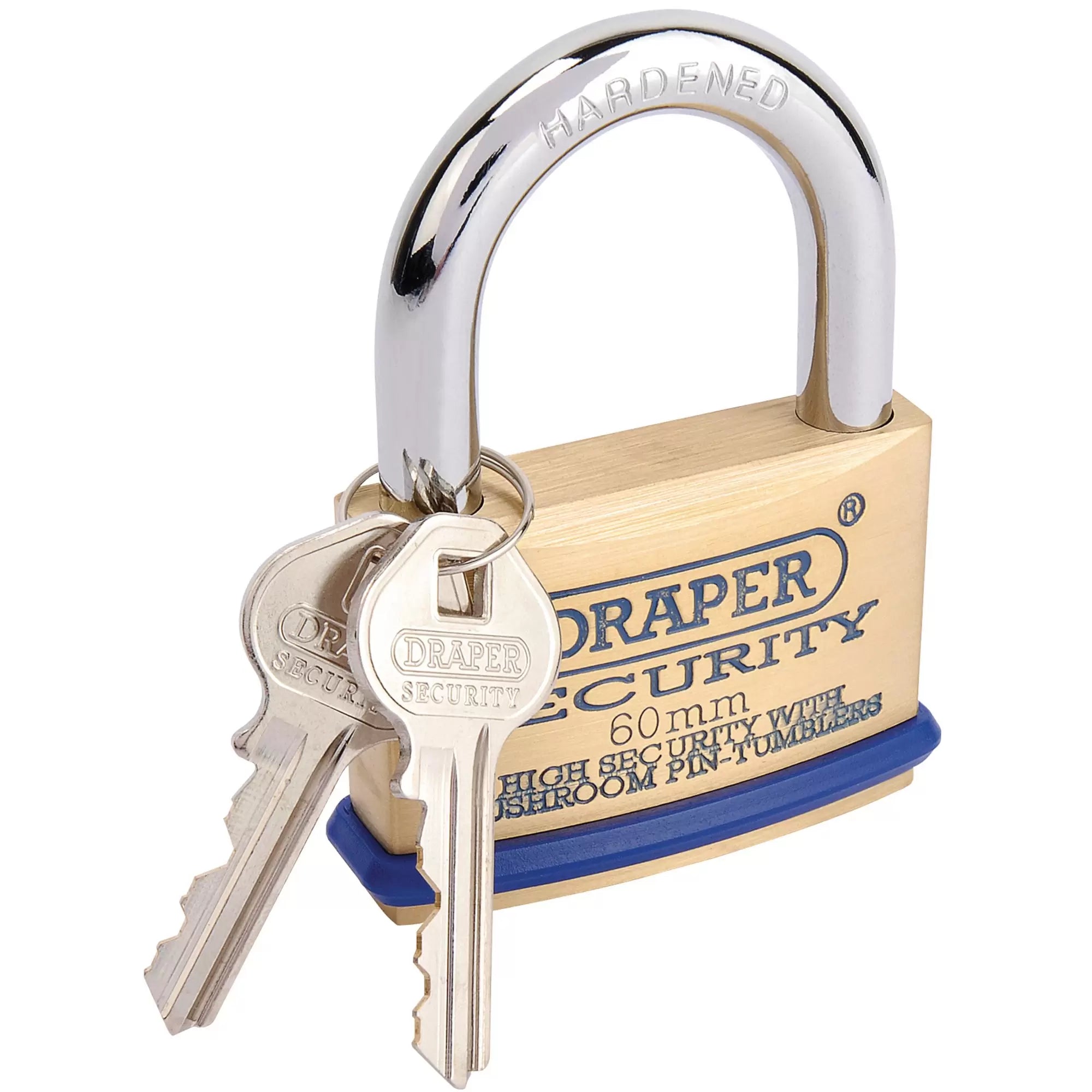 Draper Tools - 64163 - Solid Brass Padlock and 2 Keys with Mushroom Pin Tumblers Hardened Steel Shackle and Bumper, 60mm