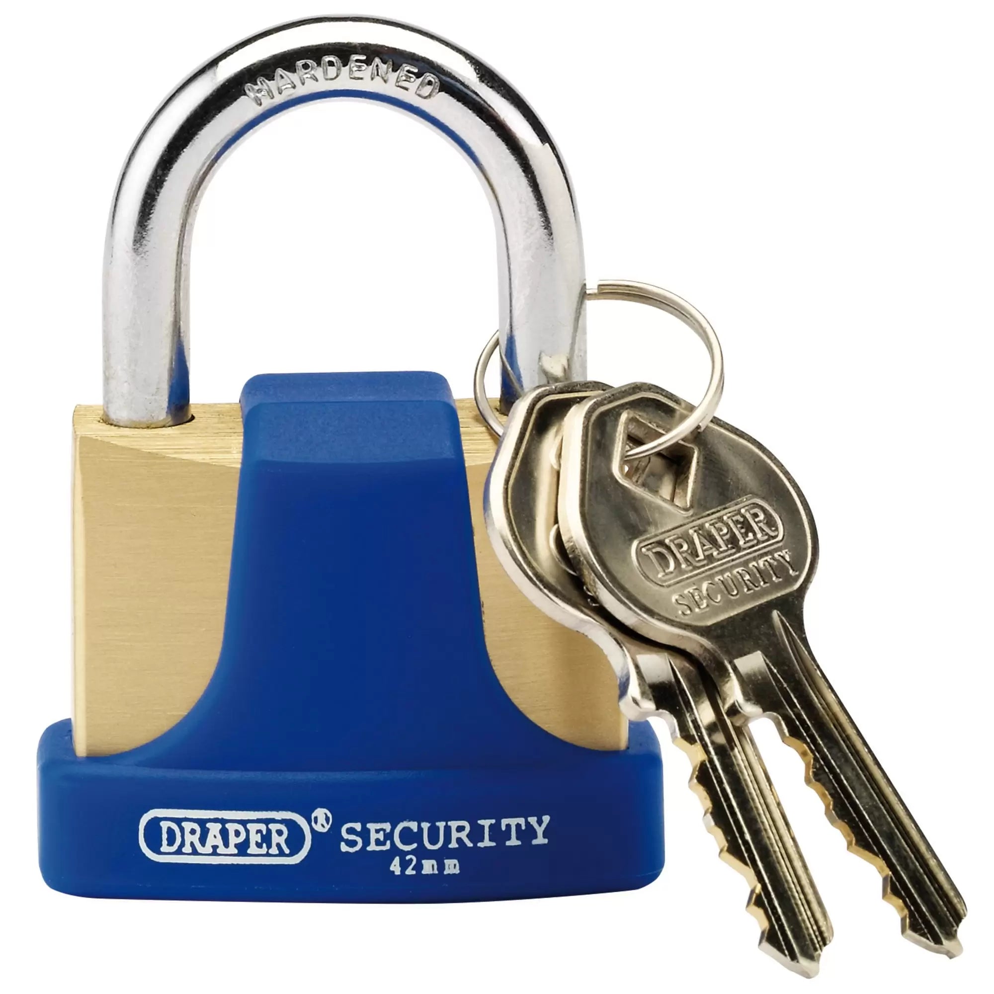 Draper Tools - 64165 - Solid Brass Padlock and 2 Keys with Hardened Steel Shackle and Bumper, 42mm