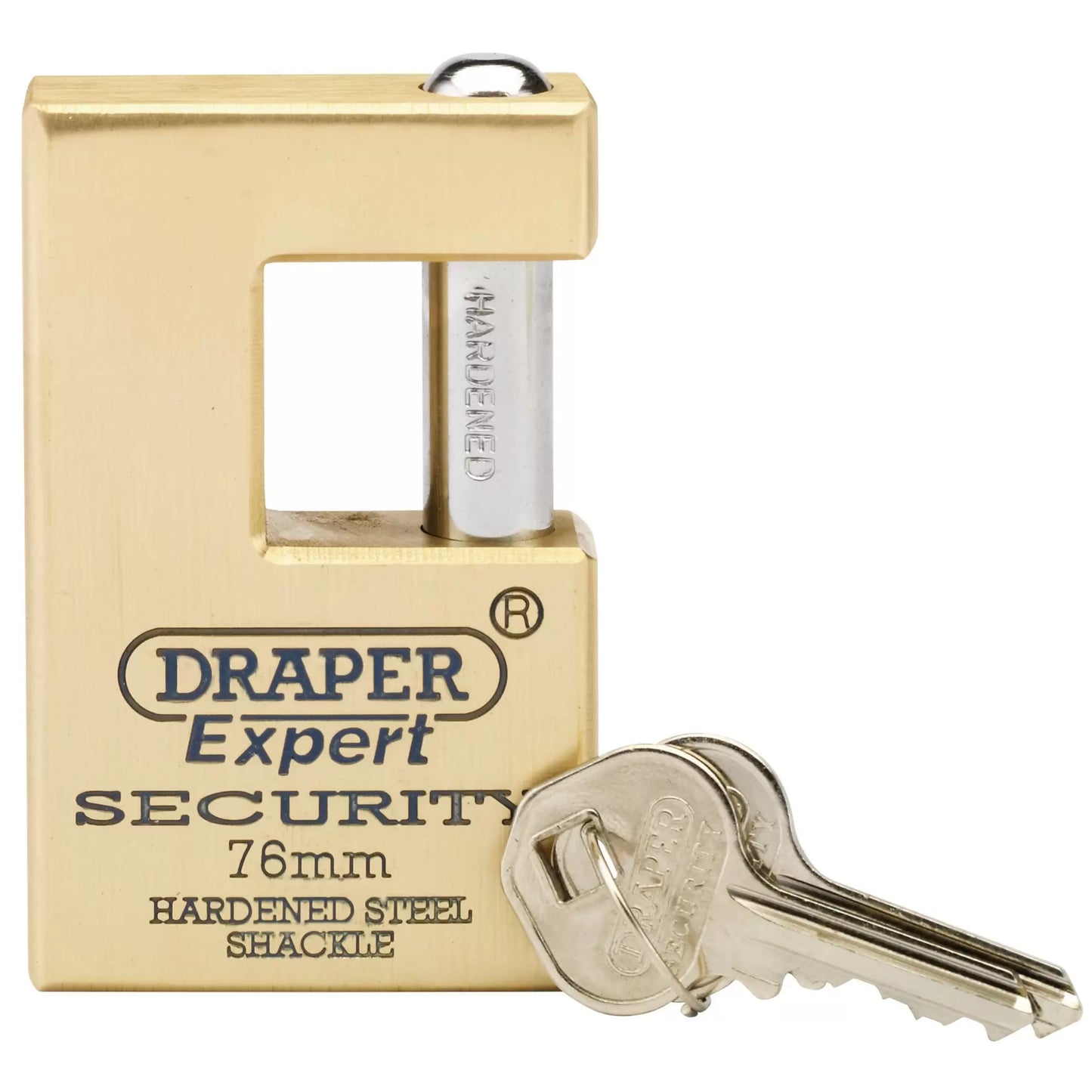 Draper Tools - 64202 - Draper Expert Close Shackle Solid Brass Padlock with Hardened Steel Shackle, 2 Keys, 76mm