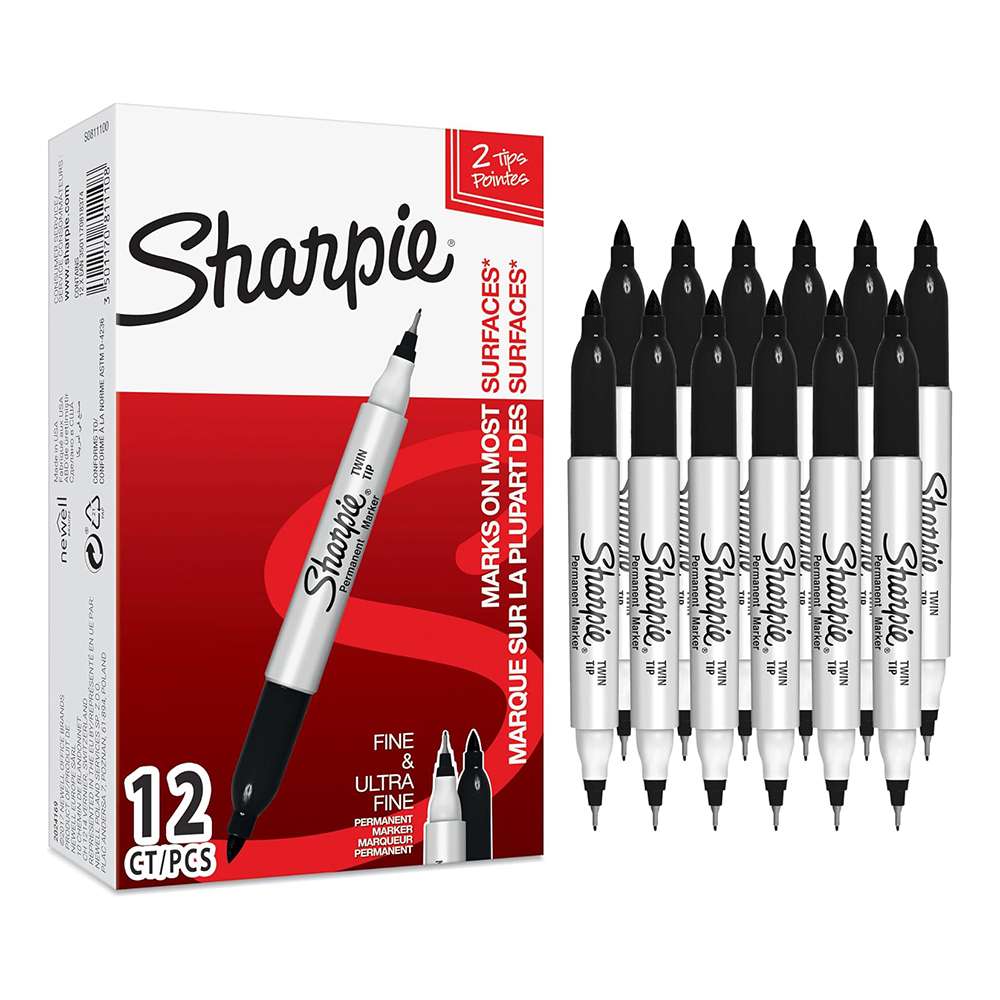 Sharpie Permanent Marker, Twin Tip, Black – Box of 12