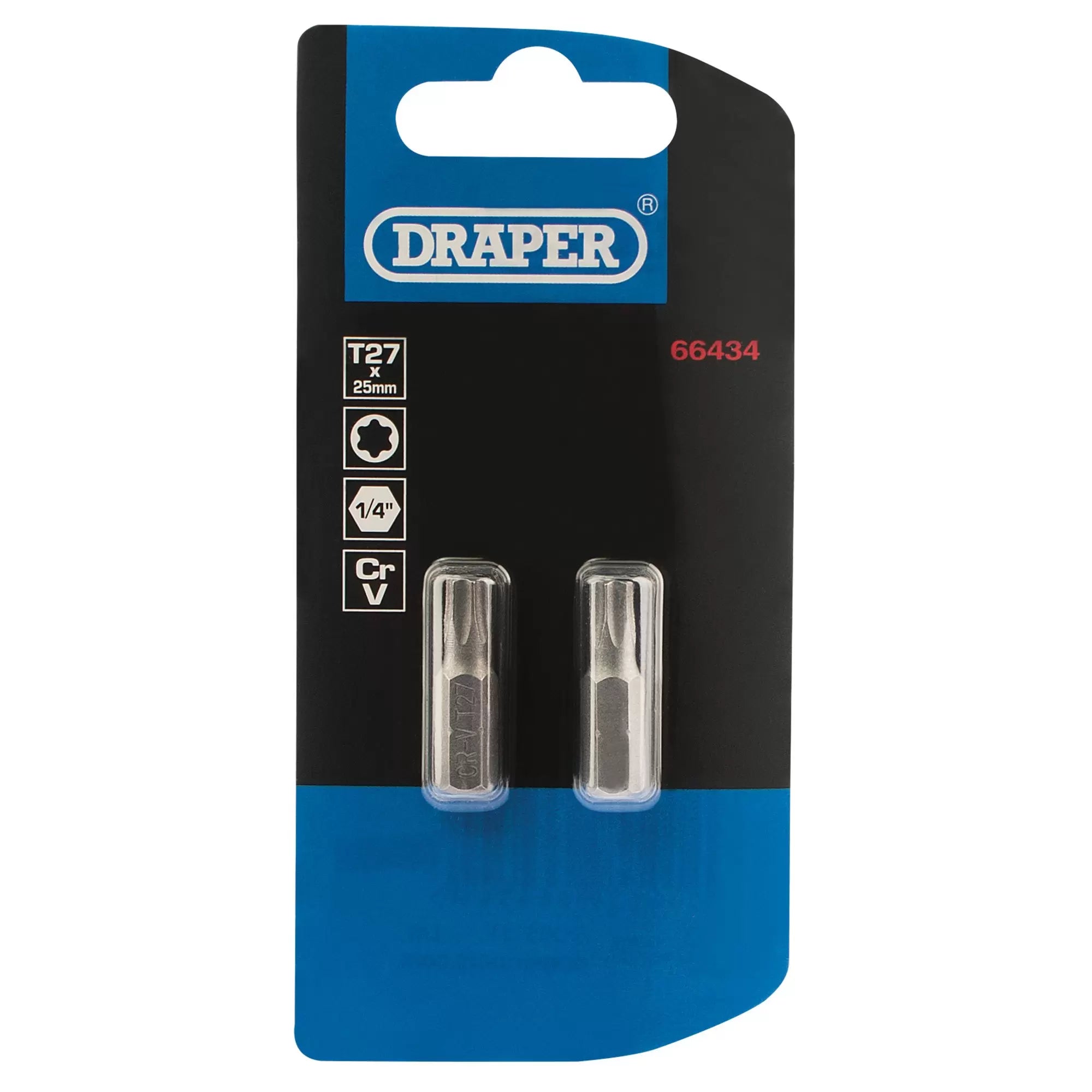 Draper Tools - 66434 - Draper TX-STAR® Insert Bit, 1/4" Hex, 25mm Long, T27 (Pack of 2)