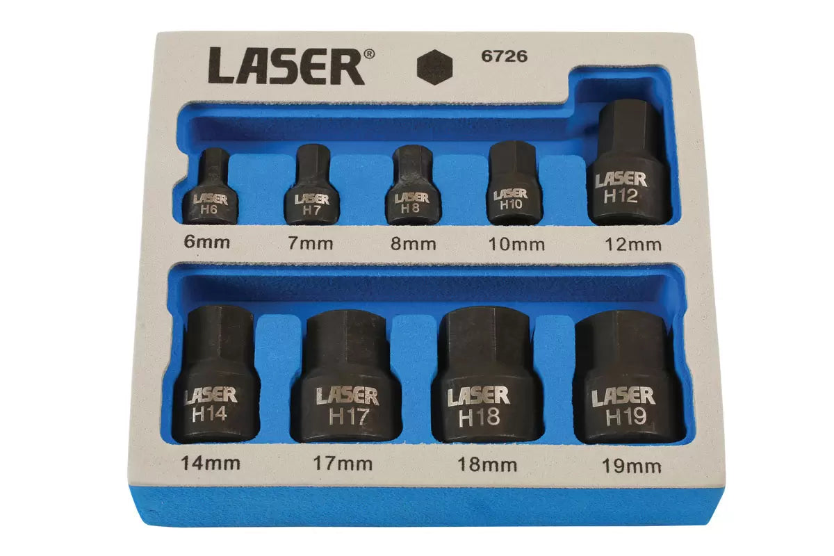 Laser - 6726 - Low Profile Impact Hex Socket Bit Set 1/4"D, 3/8"D 9pc