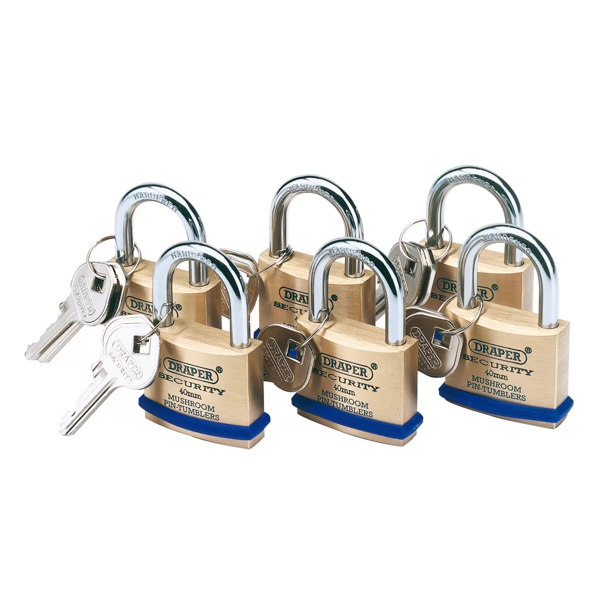 Draper Tools - 67659 - Solid Brass Padlocks with Hardened Steel Shackle, 40mm (Pack of 6)