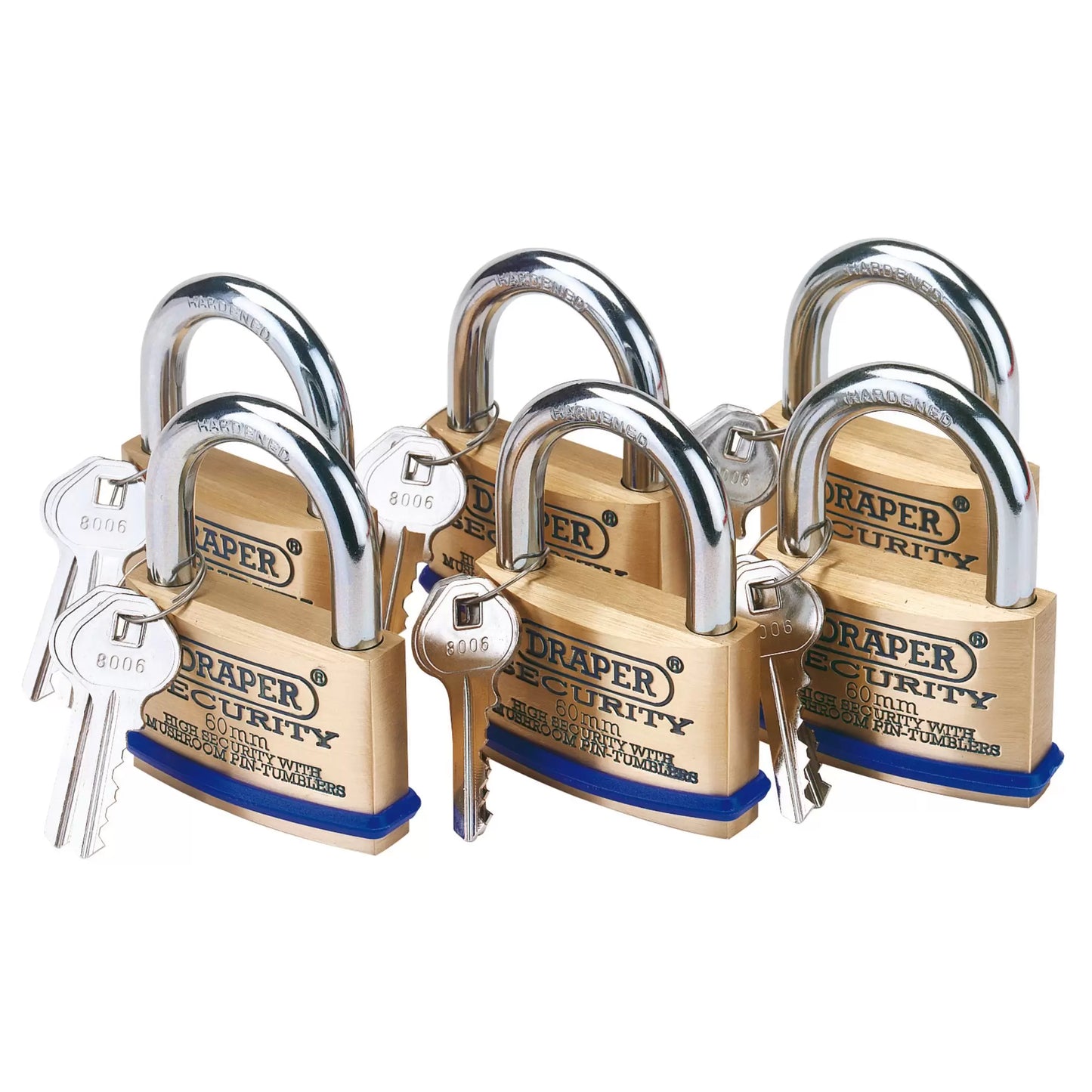 Draper Tools - 67663 - Solid Brass Padlocks with Hardened Steel Shackle, 60mm (Pack of 6)