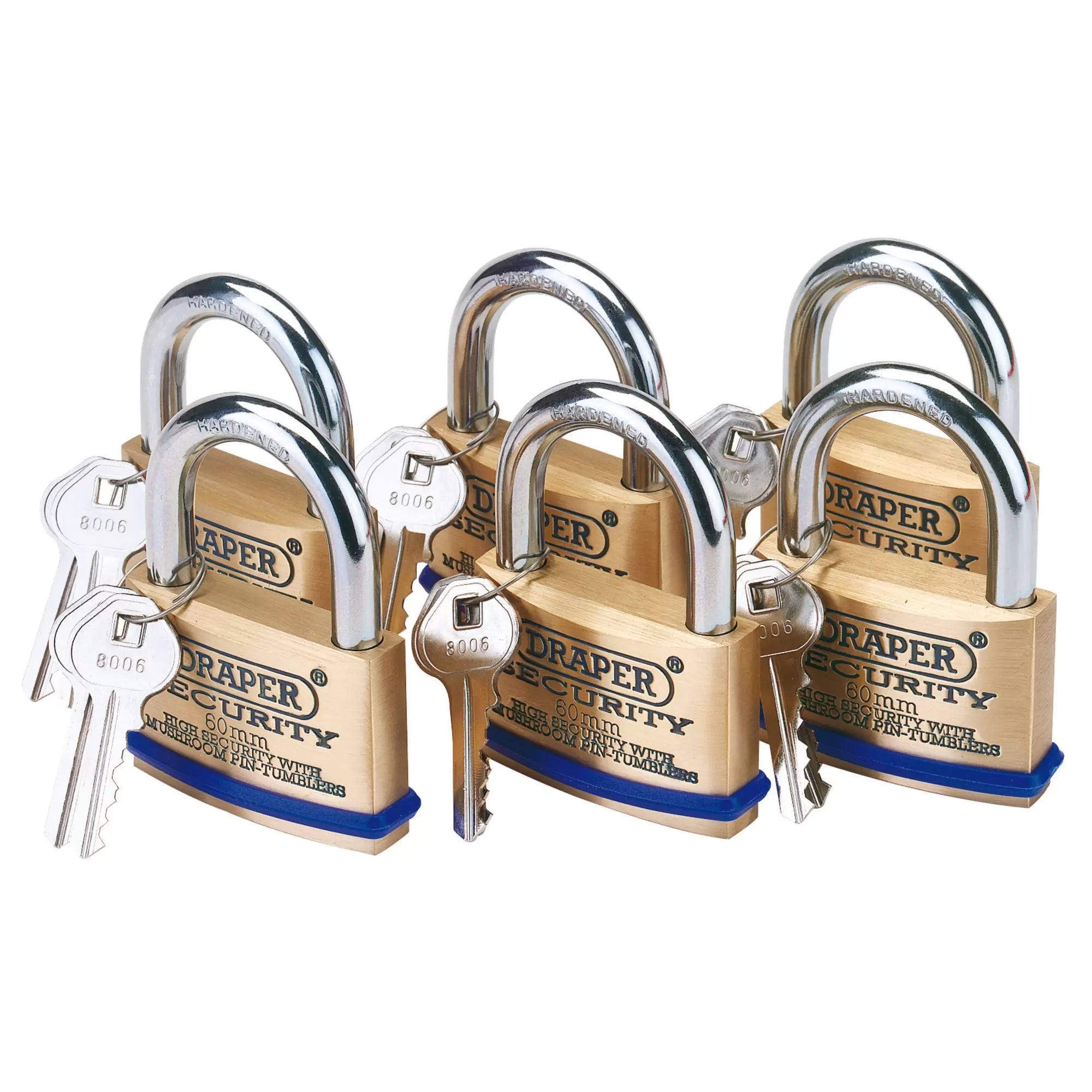 Draper Tools - 67663 - Solid Brass Padlocks with Hardened Steel Shackle, 60mm (Pack of 6)