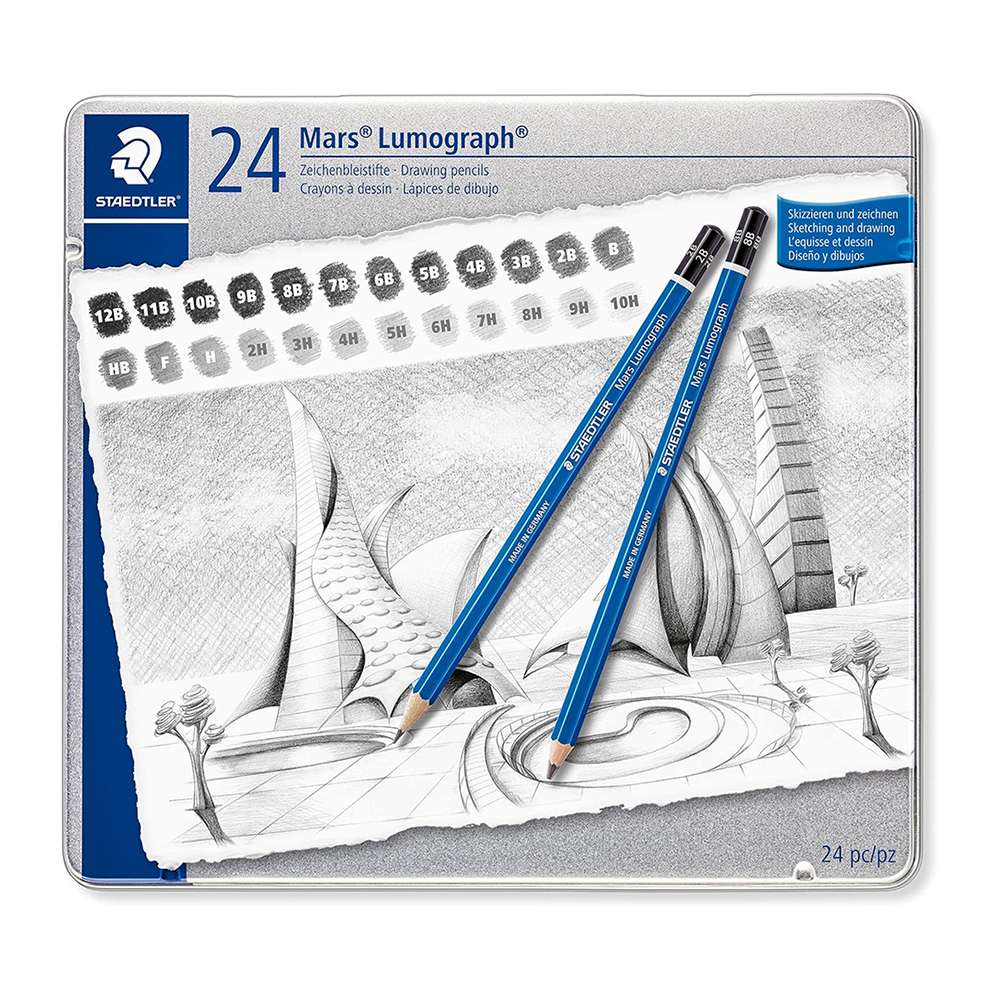 Staedtler Mars Lumograph Graphite Pencils, 12B–10H Range, Metal Tin – Set of 24