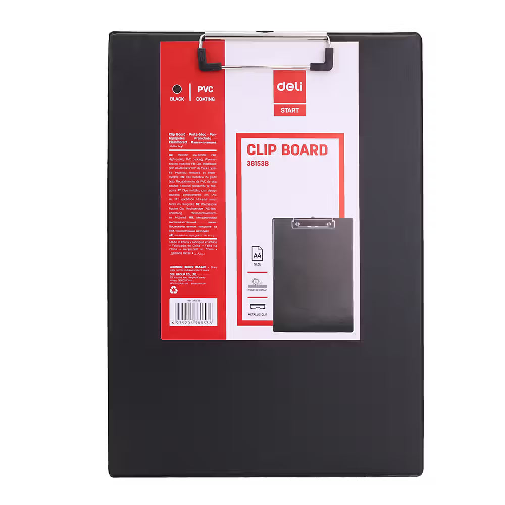 Deli A4 Clipboard, PVC, Double-Sided Pressure, Black
