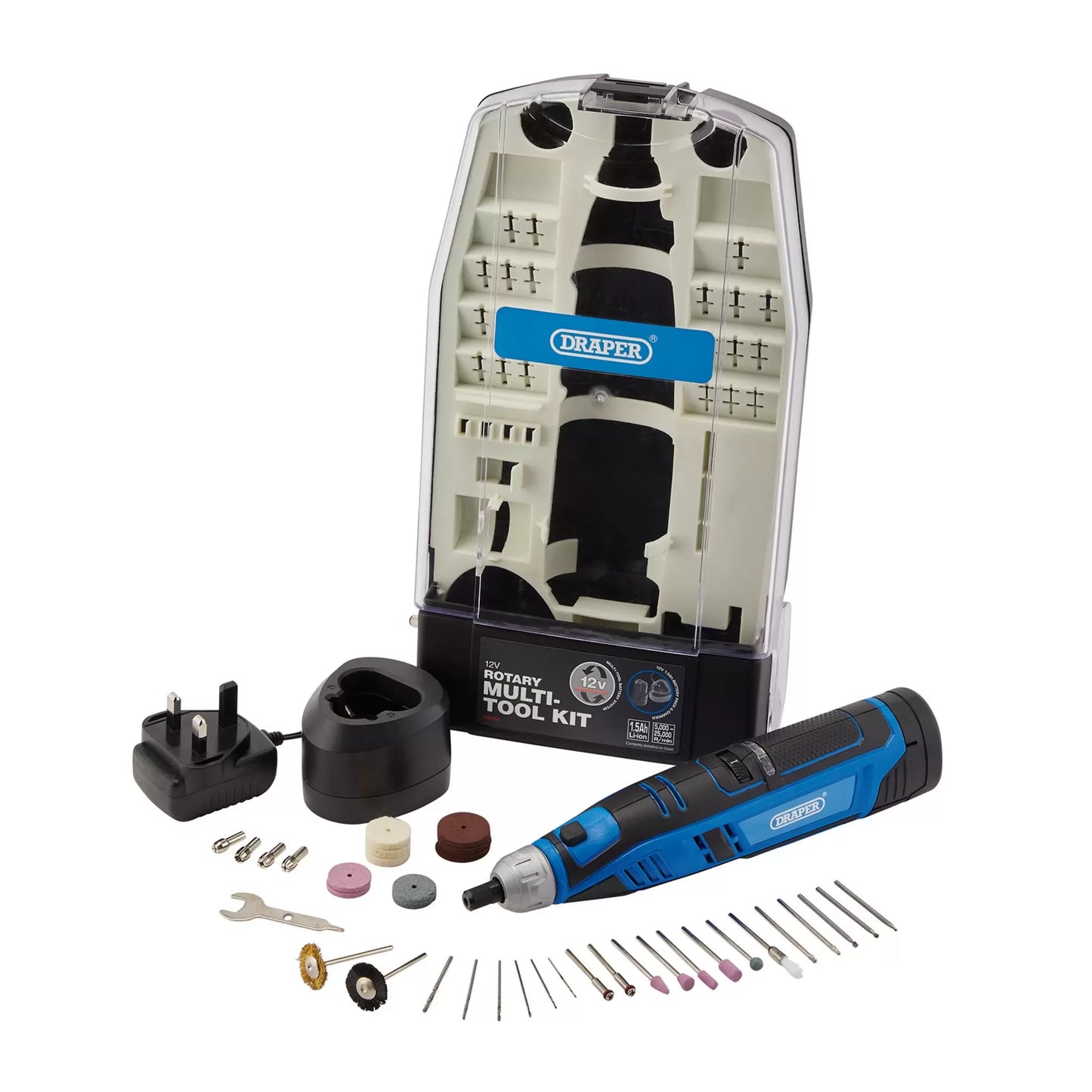 Draper Tools - 70298 - 12V Rotary Multi-Tool Kit, 1 x 1.5Ah Battery, 1 x Fast Charger (50 Piece)
