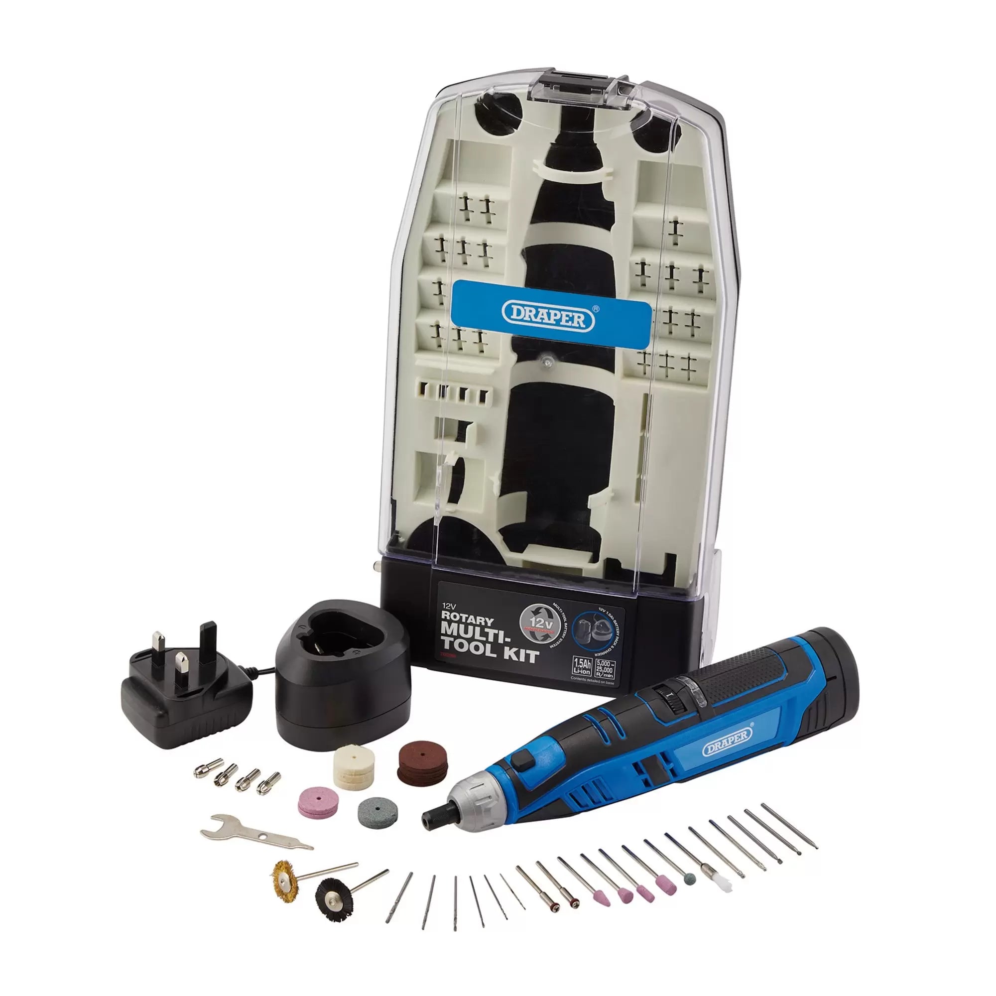 Draper Tools - 70298 - 12V Rotary Multi-Tool Kit, 1 x 1.5Ah Battery, 1 x Fast Charger (50 Piece)