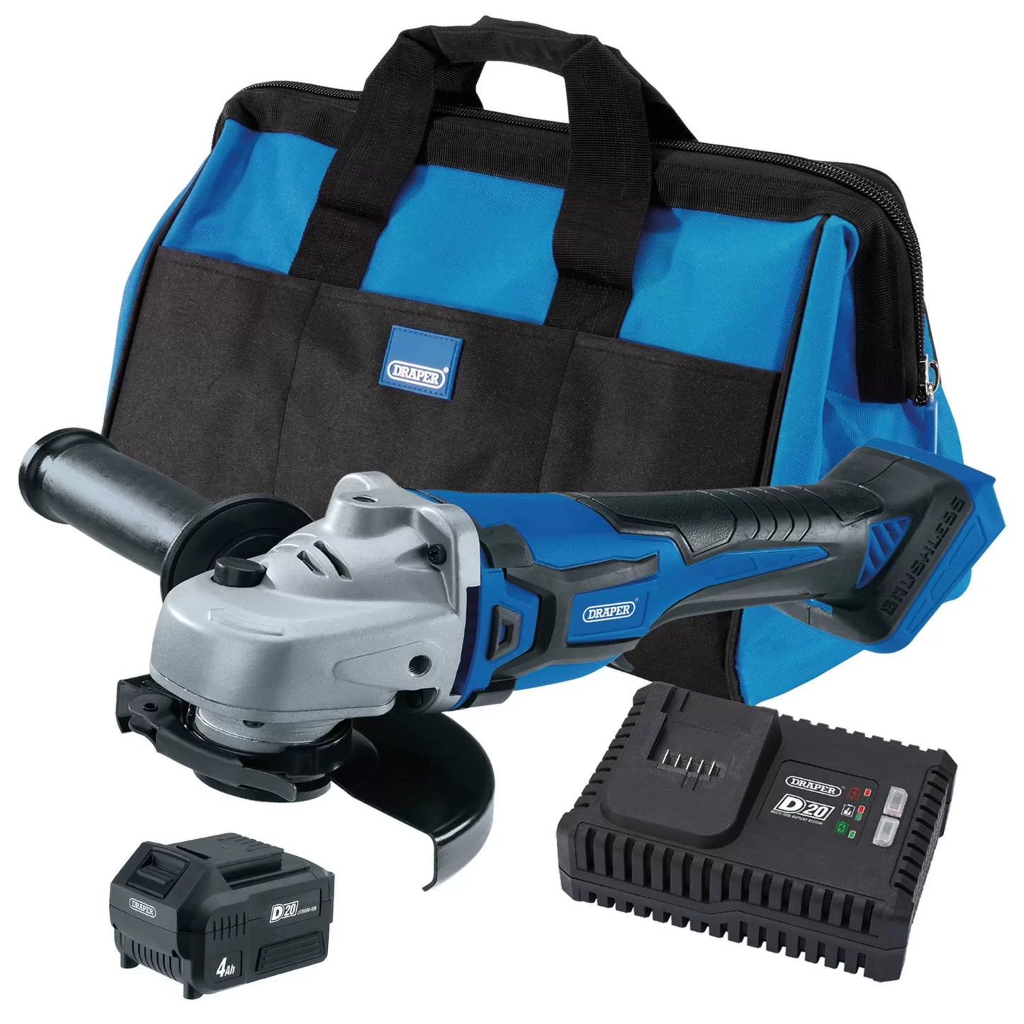 Draper Tools - 70368 - D20 20V Angle Grinder Kit, 1 x 4.0Ah Battery, 1 x Fast Charger in 28L Tool Bag