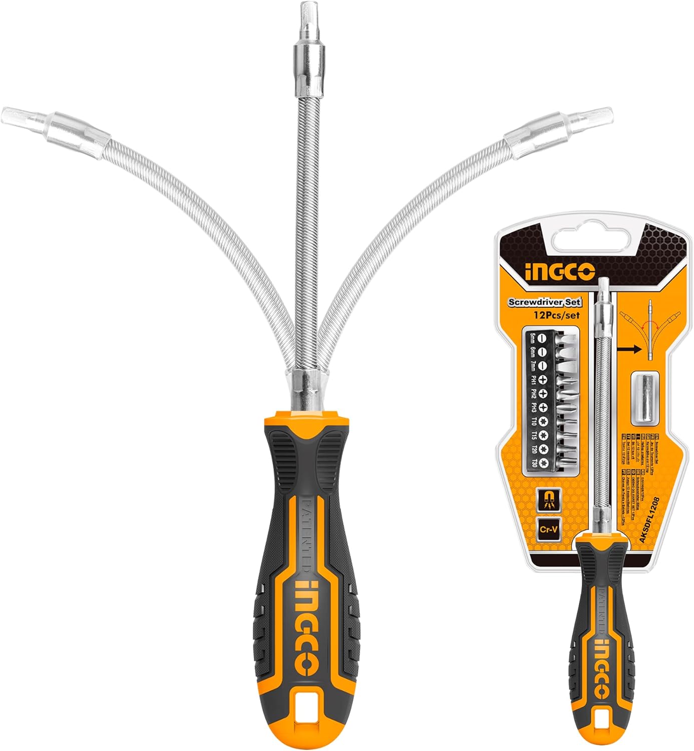 INGCO 12-Piece Flexible Shaft Screwdriver Set – Magnetic, with Extension – AKSDFL1208