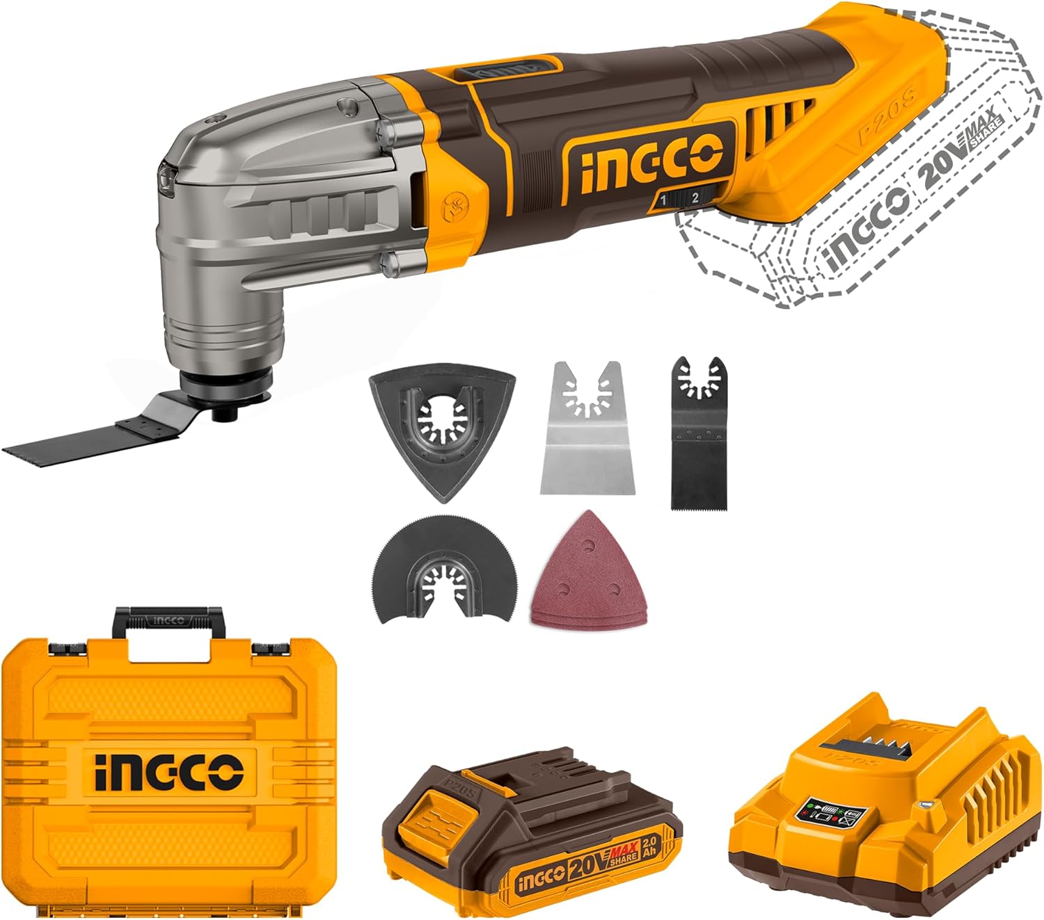 &nbsp;INGCO 20V Cordless Oscillating Multi-Tool Kit – with 8 Accessories for Cutting &amp; Sanding – OMTLI20028
