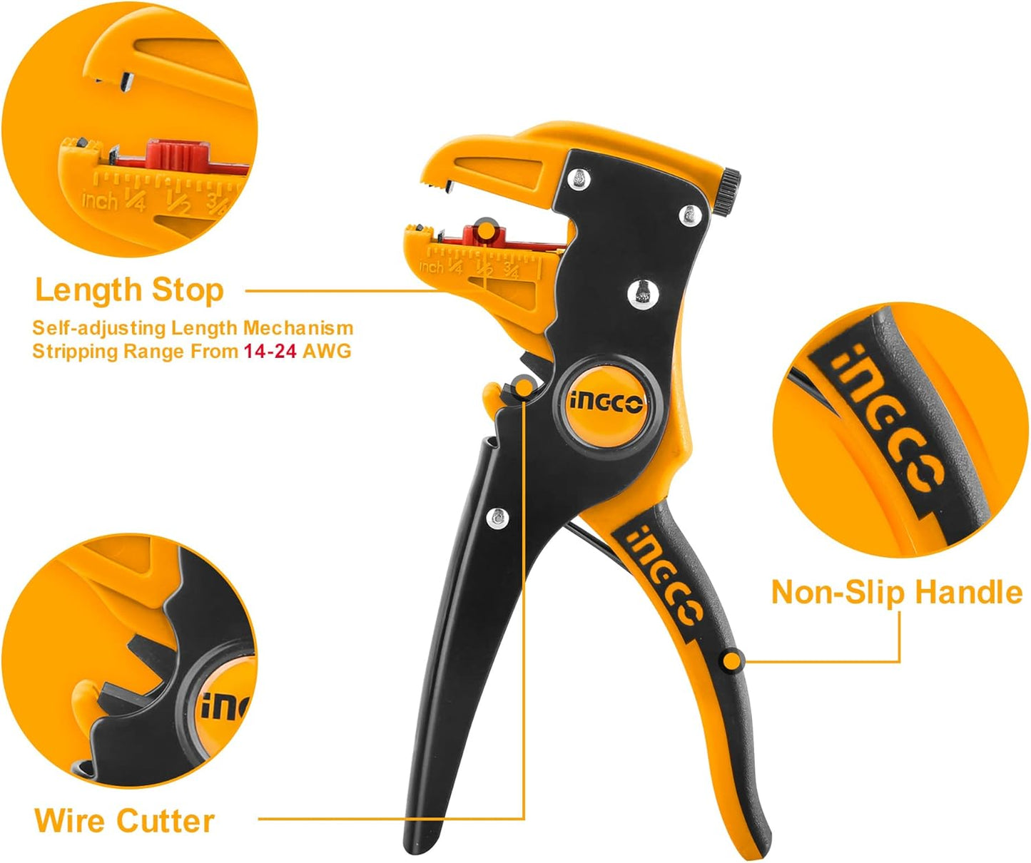 &nbsp;INGCO Professional Wire Stripper, Cutter &amp; Crimper – Self-Adjusting, 10-24 AWG – HWSP15608