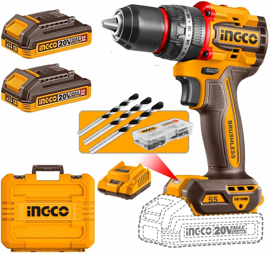 INGCO 20V Cordless Brushless Impact Drill Kit – 55Nm, 2 Batteries, 50-Piece Bits & Case