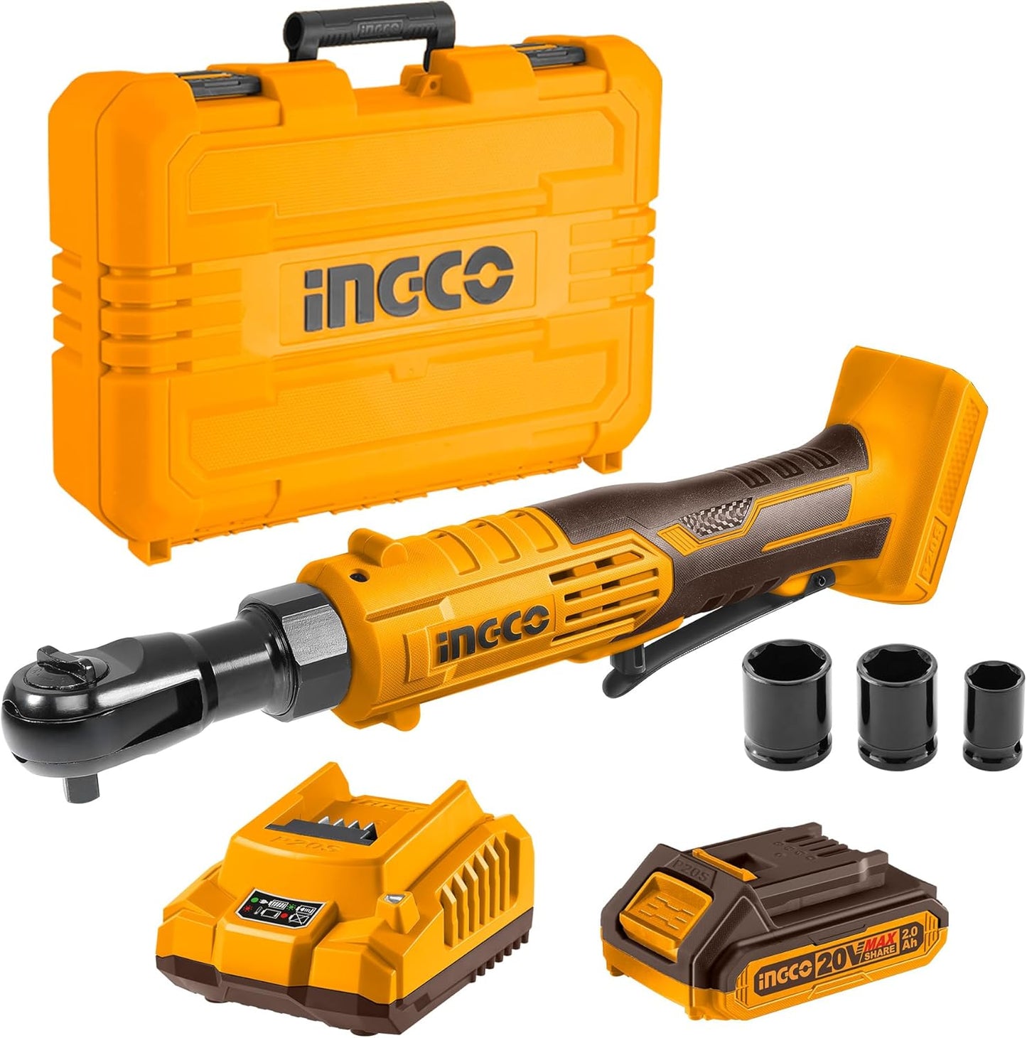 INGCO 20V Cordless Ratchet Wrench Kit – 3/8" Drive, 65Nm, with Battery &amp; Sockets – CRTLI20386