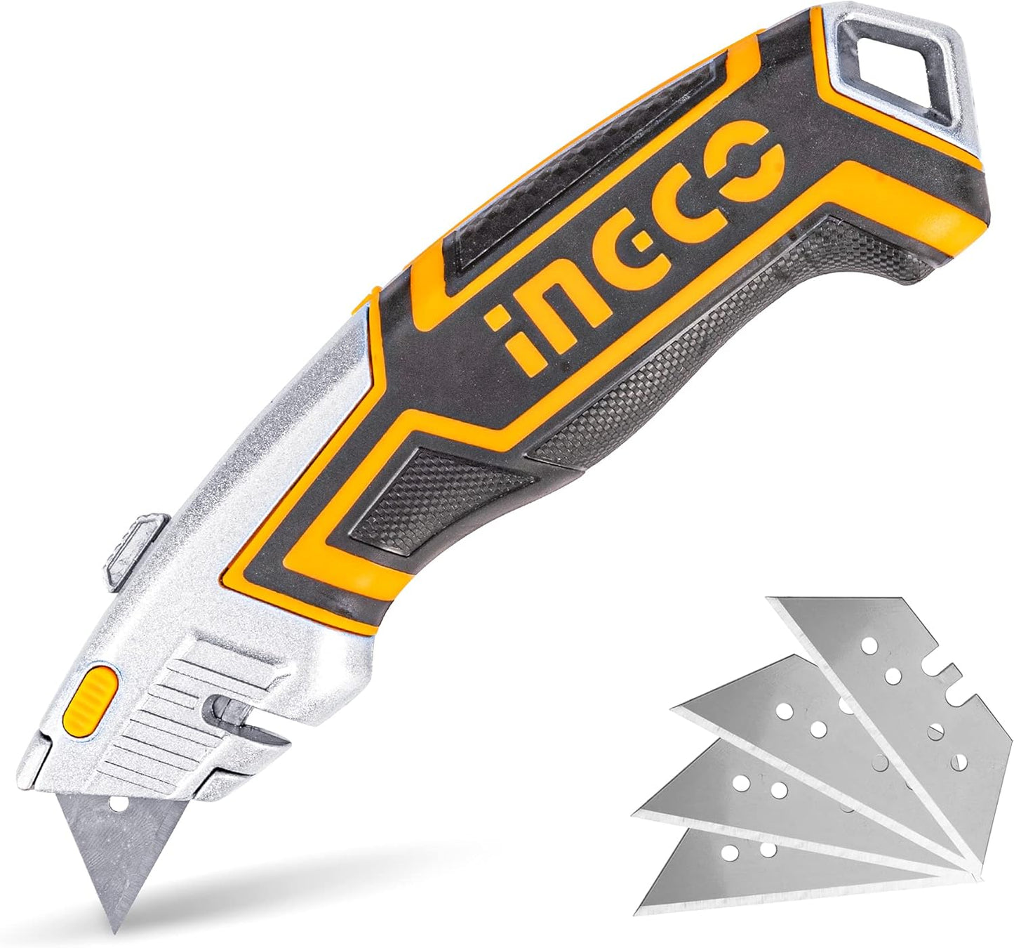 INGCO Professional Retractable Utility Knife with 5 Blades – Heavy-Duty Aluminum – HUKX0205