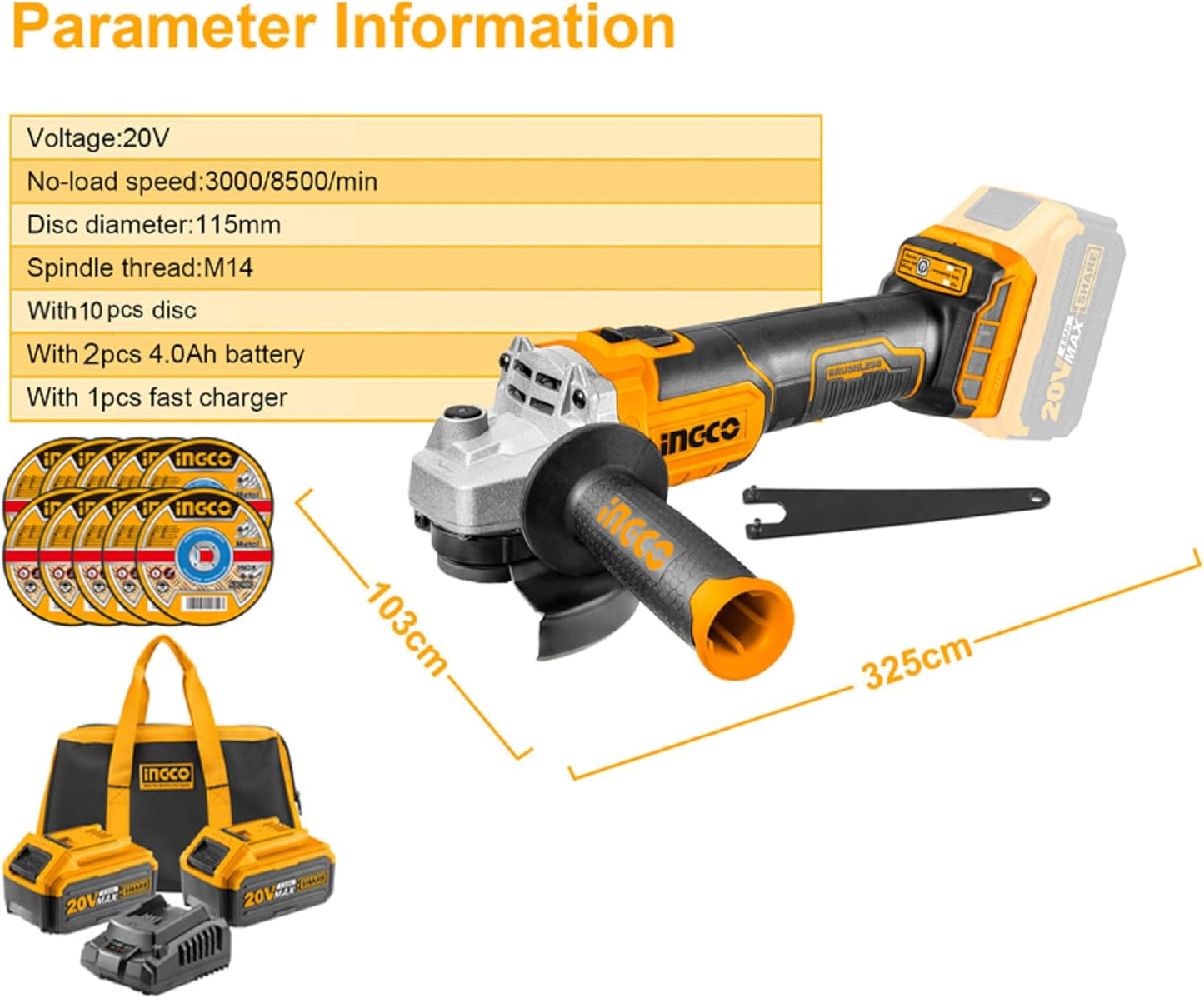 INGCO 20V Cordless Brushless Angle Grinder – 115mm, 2 Batteries & Charger – CAGLI261522