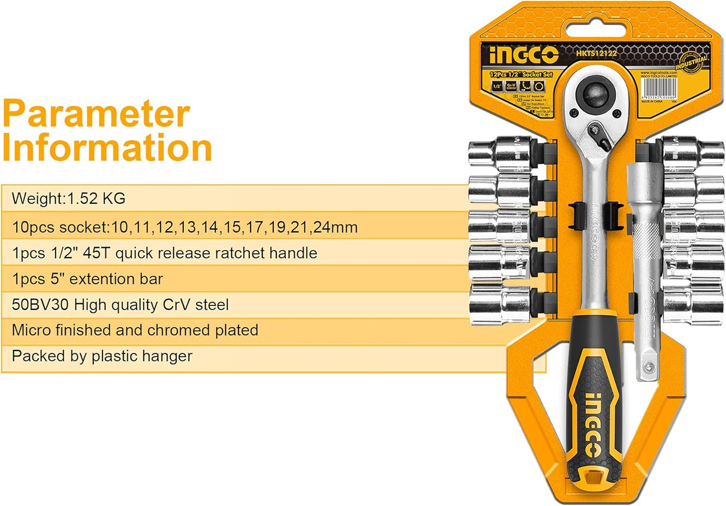 INGCO 12-Piece 1/2" Drive Socket Set – Metric, CR-V Steel, with Case – HKTS12122
