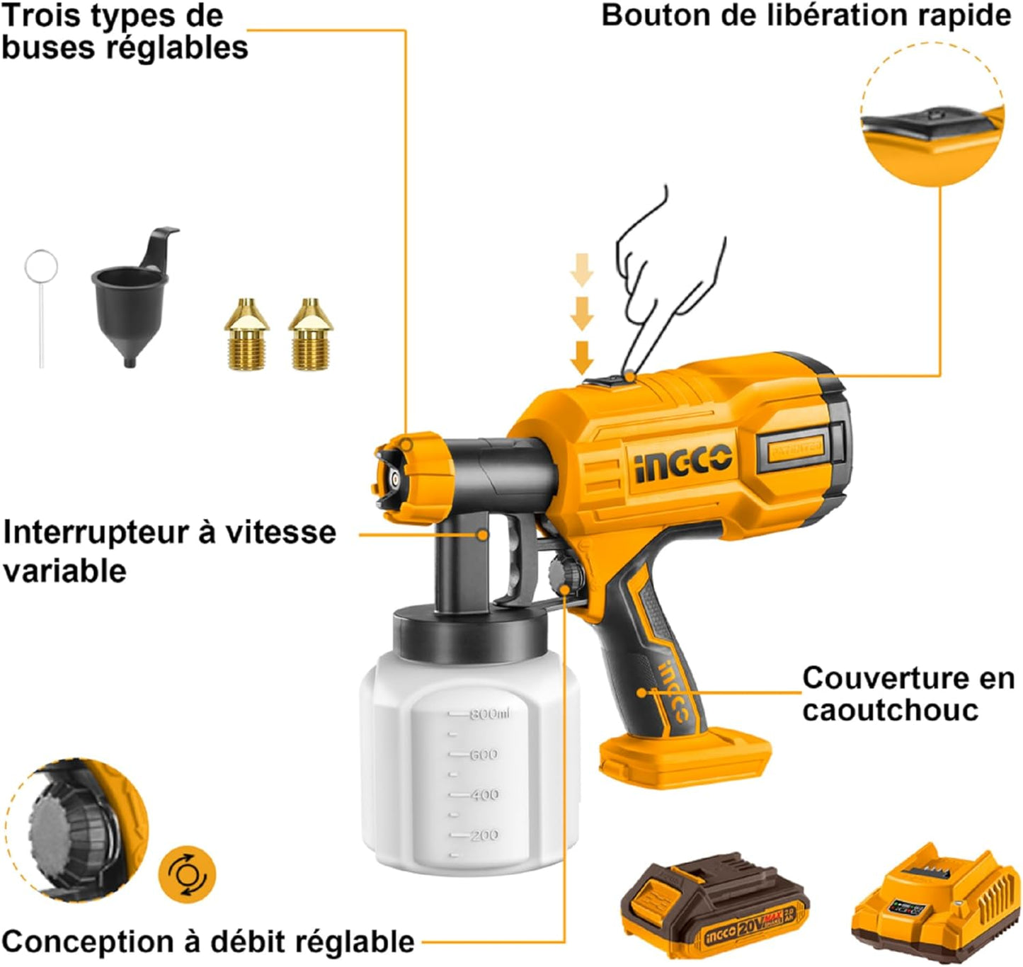 INGCO 20V Cordless High-Pressure Spray Gun Kit – 600ml, Adjustable Nozzle – CSGLI20406