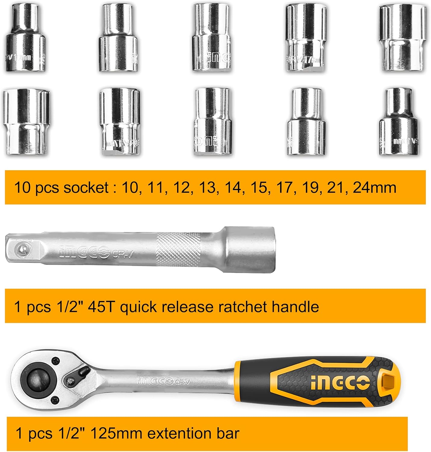 INGCO 12-Piece 1/2" Drive Socket Set – Metric, CR-V Steel, with Case – HKTS12122