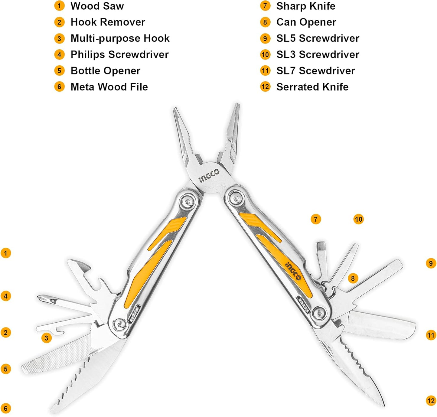 INGCO Foldable Multi-Function Tool – 15-in-1, Pliers-Based, with Sheath – HFMFT0115