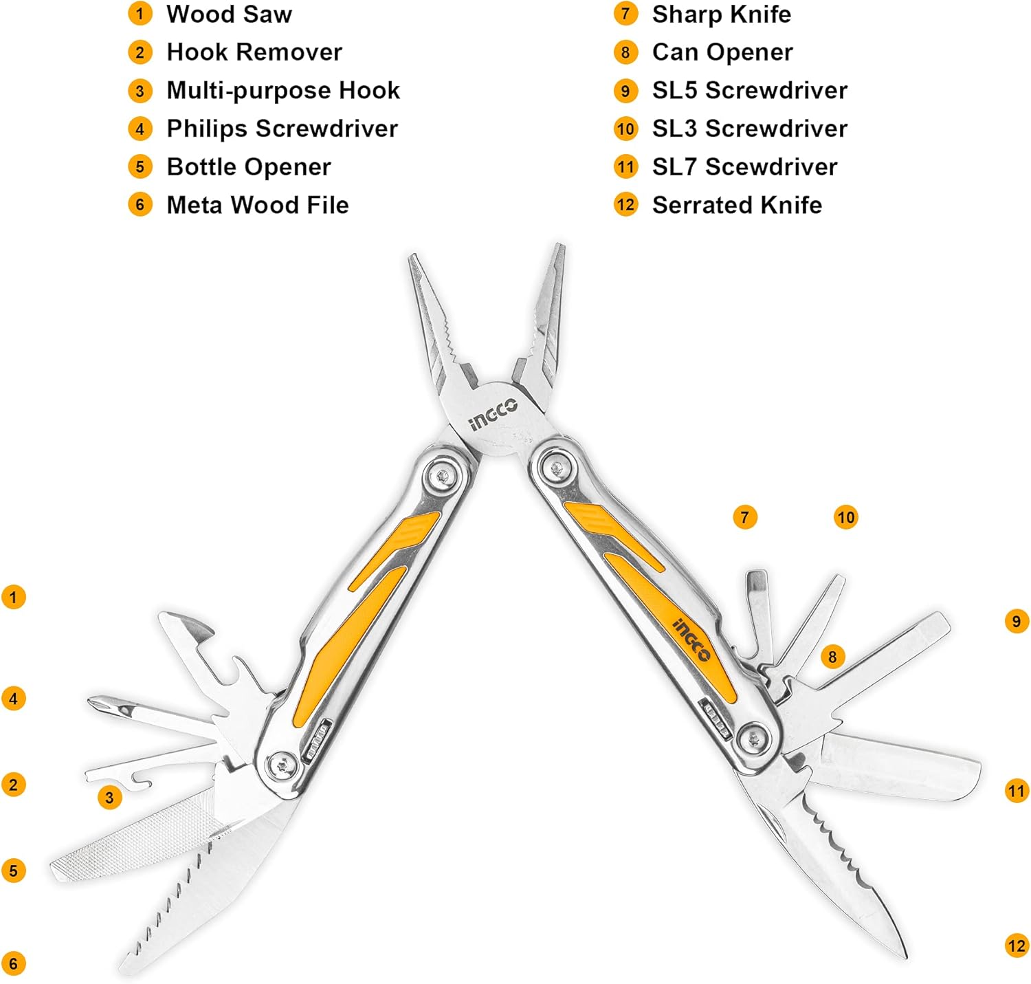 INGCO Foldable Multi-Function Tool – 15-in-1, Pliers-Based, with Sheath – HFMFT0115