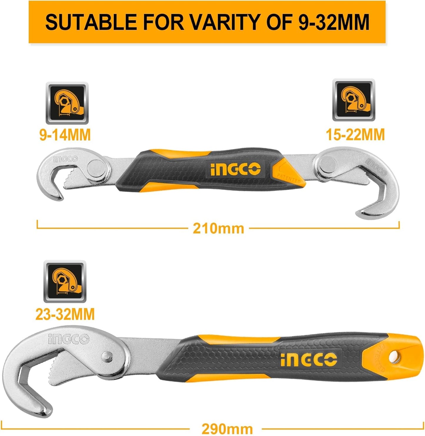 &nbsp;INGCO 2-Piece Offset Box End Wrench Set – 15° Bent, Chrome Vanadium Steel – HBWS09328