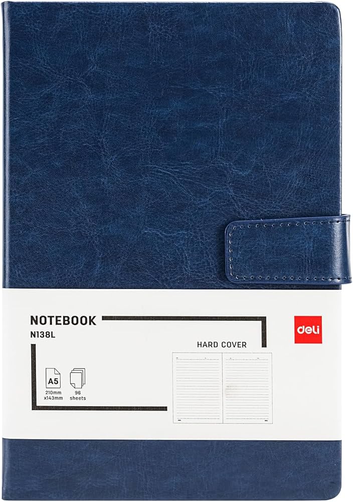 Deli Leather Cover Notebook, A5, 96 Sheets, 80GSM, Blue
