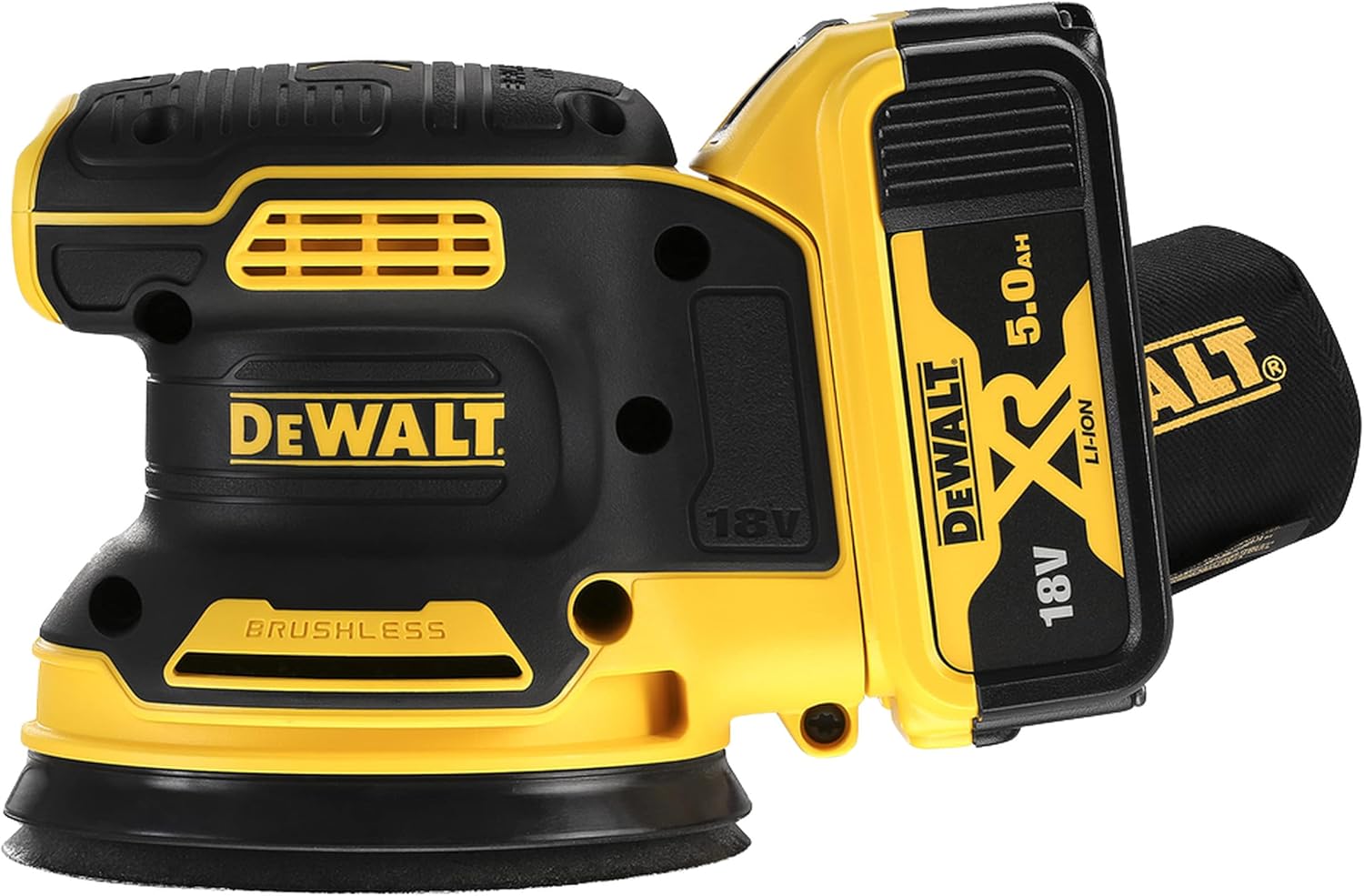 DEWALT DCW210P2-GB 18V Cordless Brushless RO Sander – 2 x 4Ah Batteries & Chargers, Yellow/Black, 3 Year Warranty