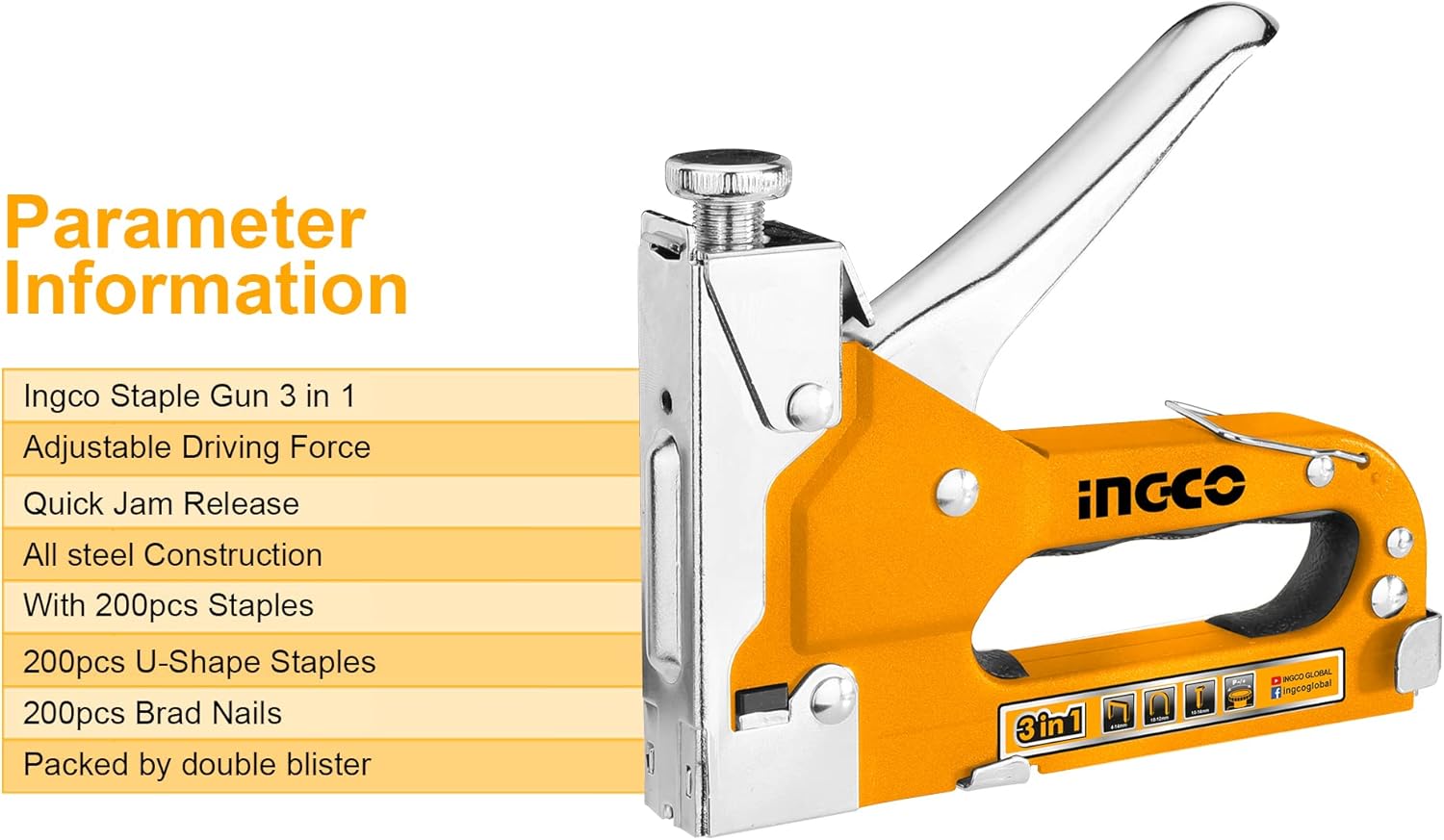 INGCO Heavy Duty Staple Gun Kit with 1000 Staples – HSG1405 (4-14mm)
