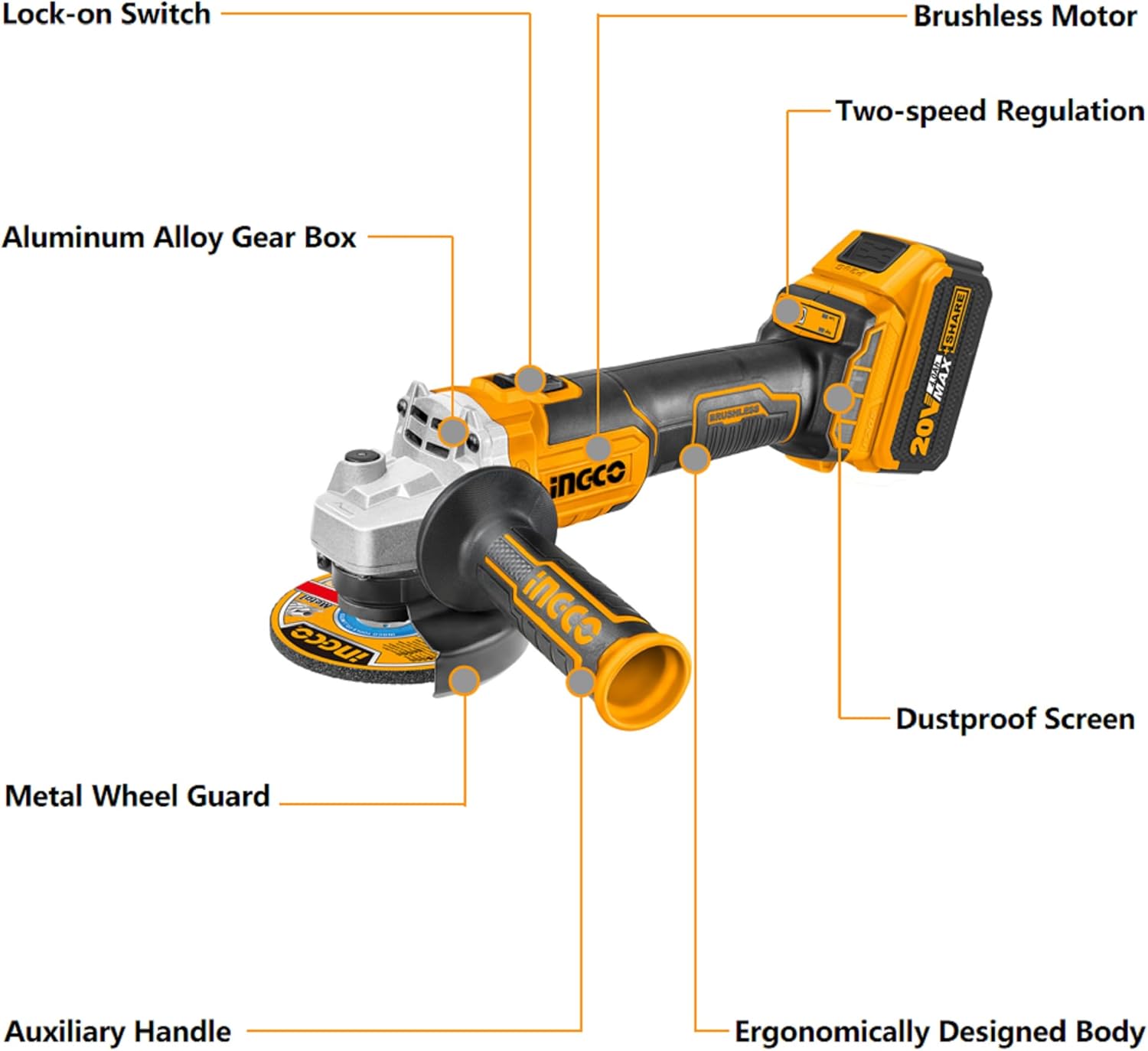 INGCO 20V Cordless Brushless Angle Grinder – 115mm, 2 Batteries & Charger – CAGLI261522