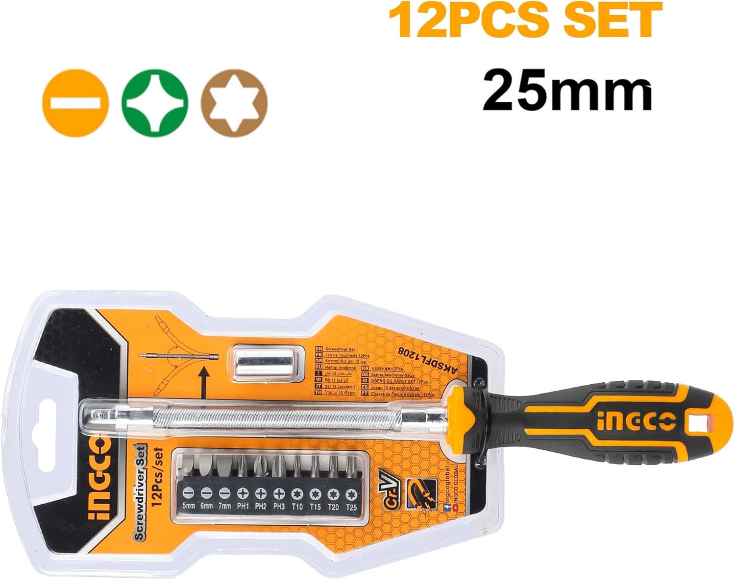 INGCO 12-Piece Flexible Shaft Screwdriver Set – Magnetic, with Extension – AKSDFL1208