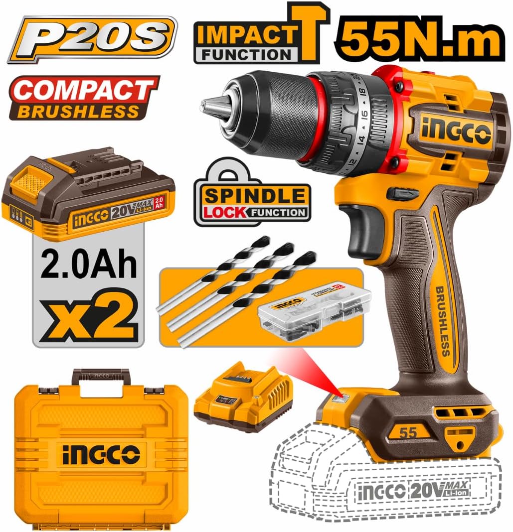 INGCO 20V Cordless Brushless Impact Drill Kit – 55Nm, 2 Batteries, 50-Piece Bits & Case