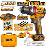 INGCO 20V Cordless Brushless Impact Drill Kit – 55Nm, 2 Batteries, 50-Piece Bits & Case